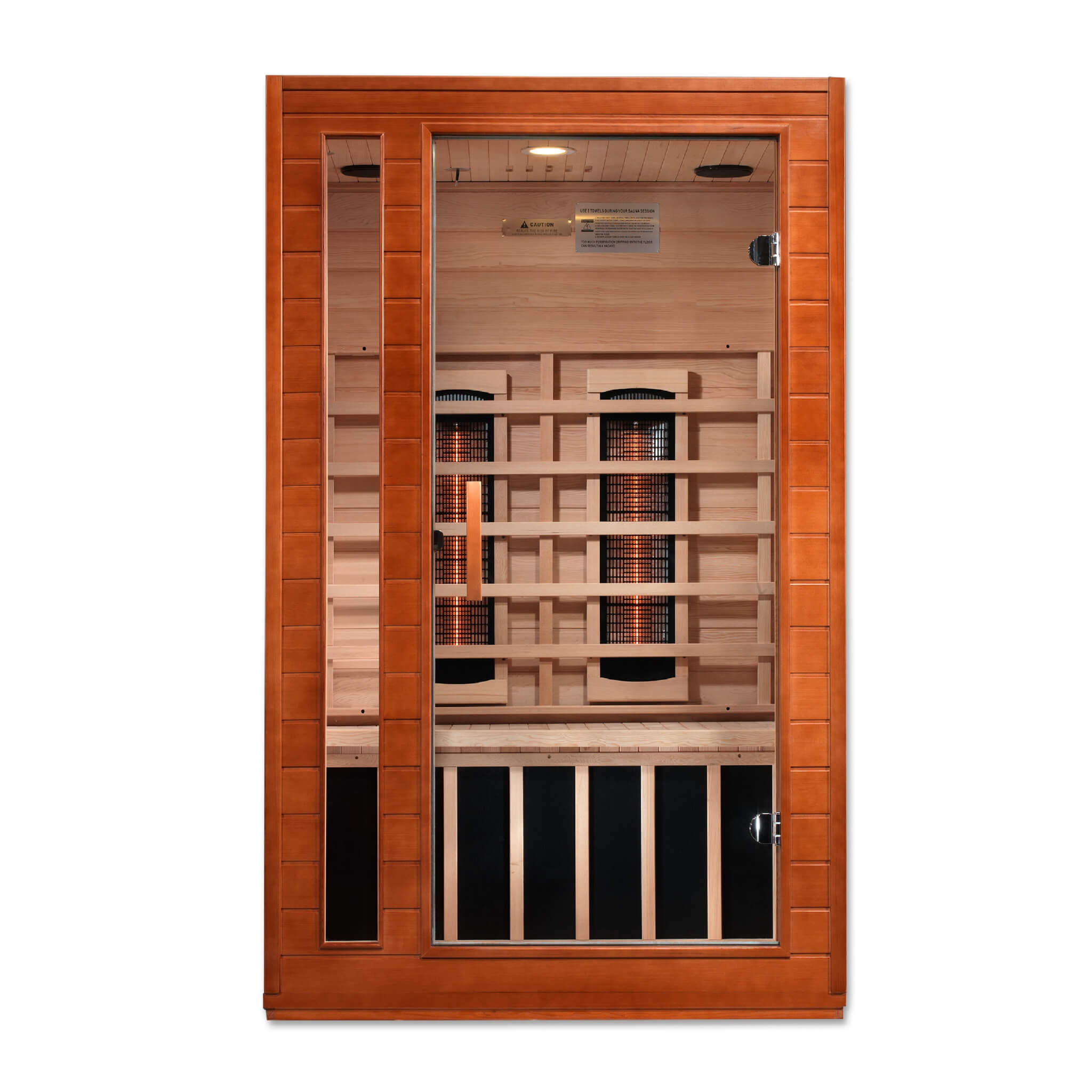 Dynamic Cordoba DYN-6203-02 FS 2-person Full Spectrum infrared sauna front view with tempered glass door and Canadian Hemlock construction