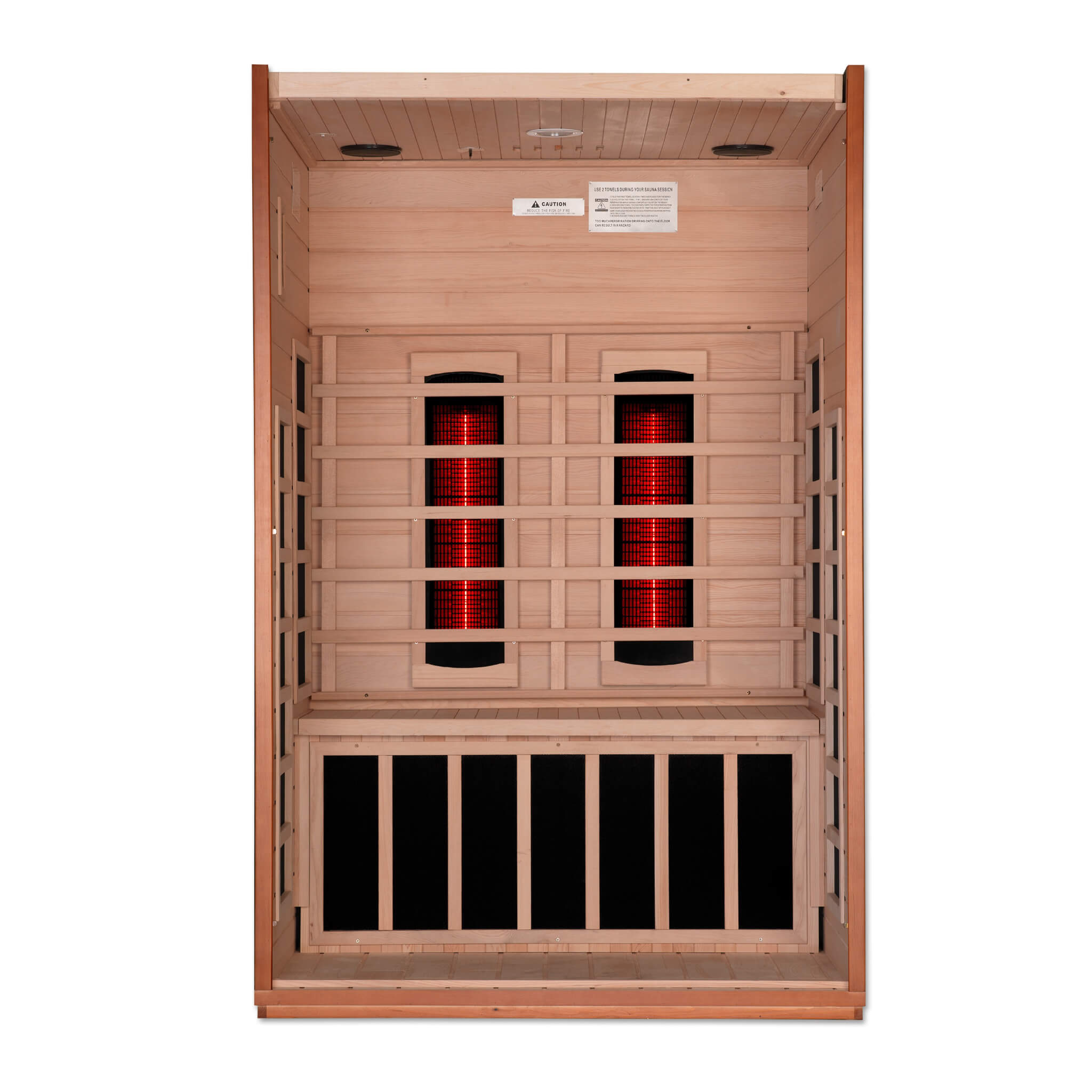 Interior of the Dynamic Cordoba DYN-6203-02 FS Full Spectrum infrared sauna showing the near infrared heaters, far infrared carbon panels, and bench heater