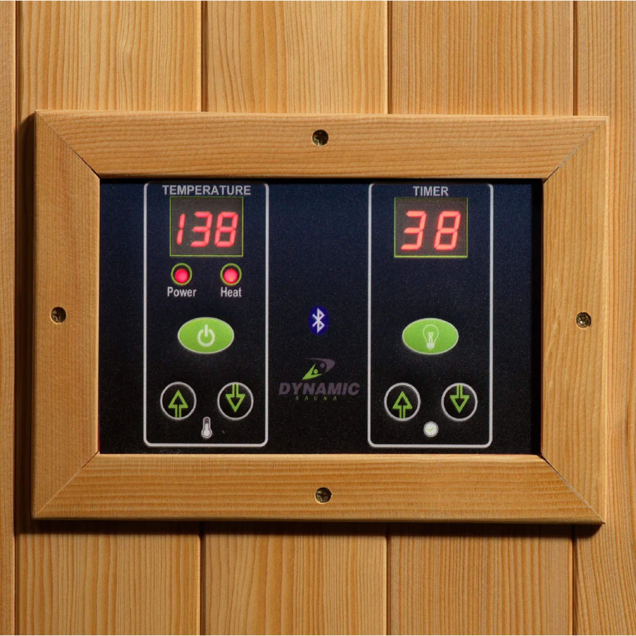 Dynamic Gracia Elite 1-2 Person Ultra Low EMF Far Infrared Sauna DYN-6119-01 Elite wood-framed control panel with temperature, timer, and lighting controls