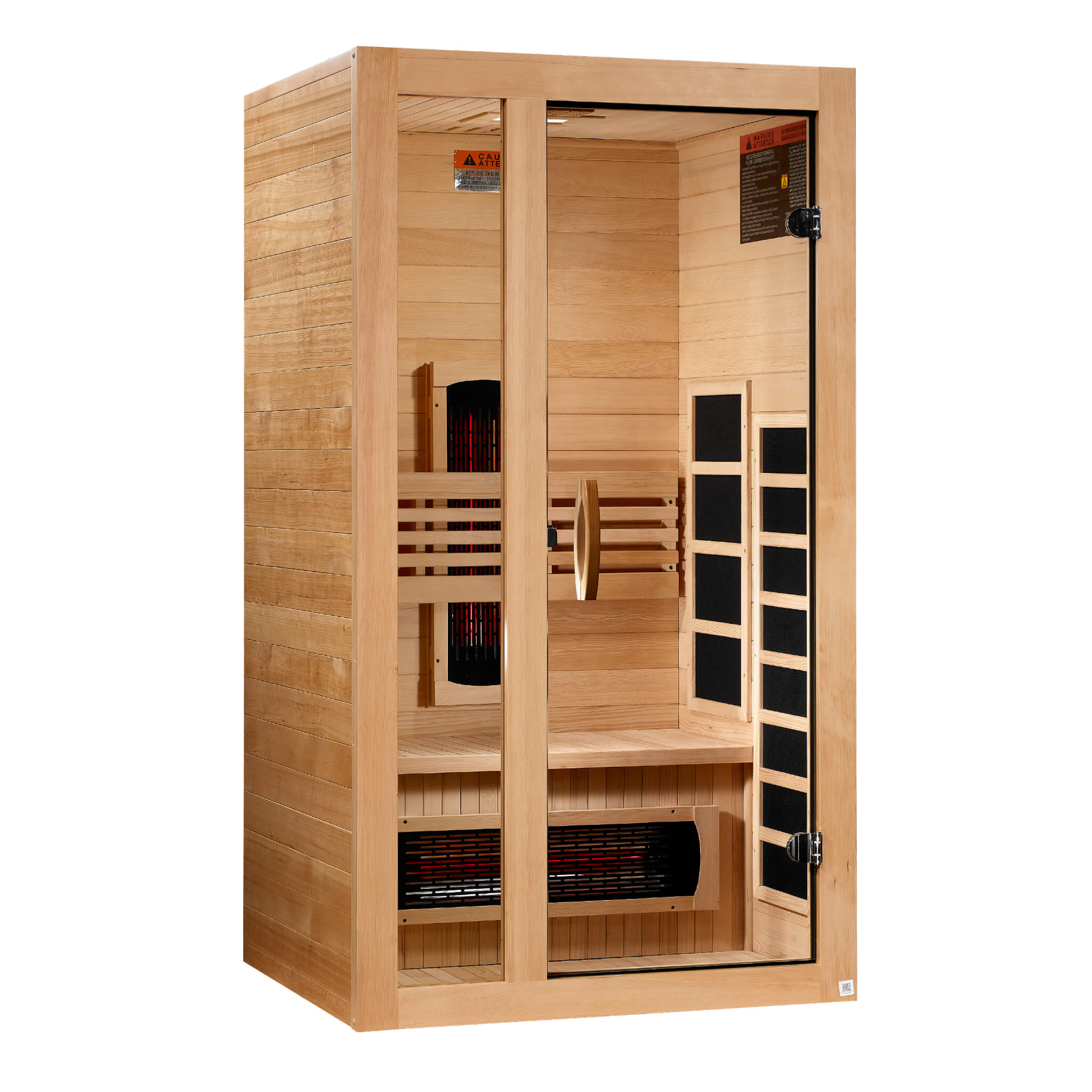 Right angle view of the Dynamic Gracia Full Spectrum 1-2 person sauna showing Canadian Hemlock wood construction