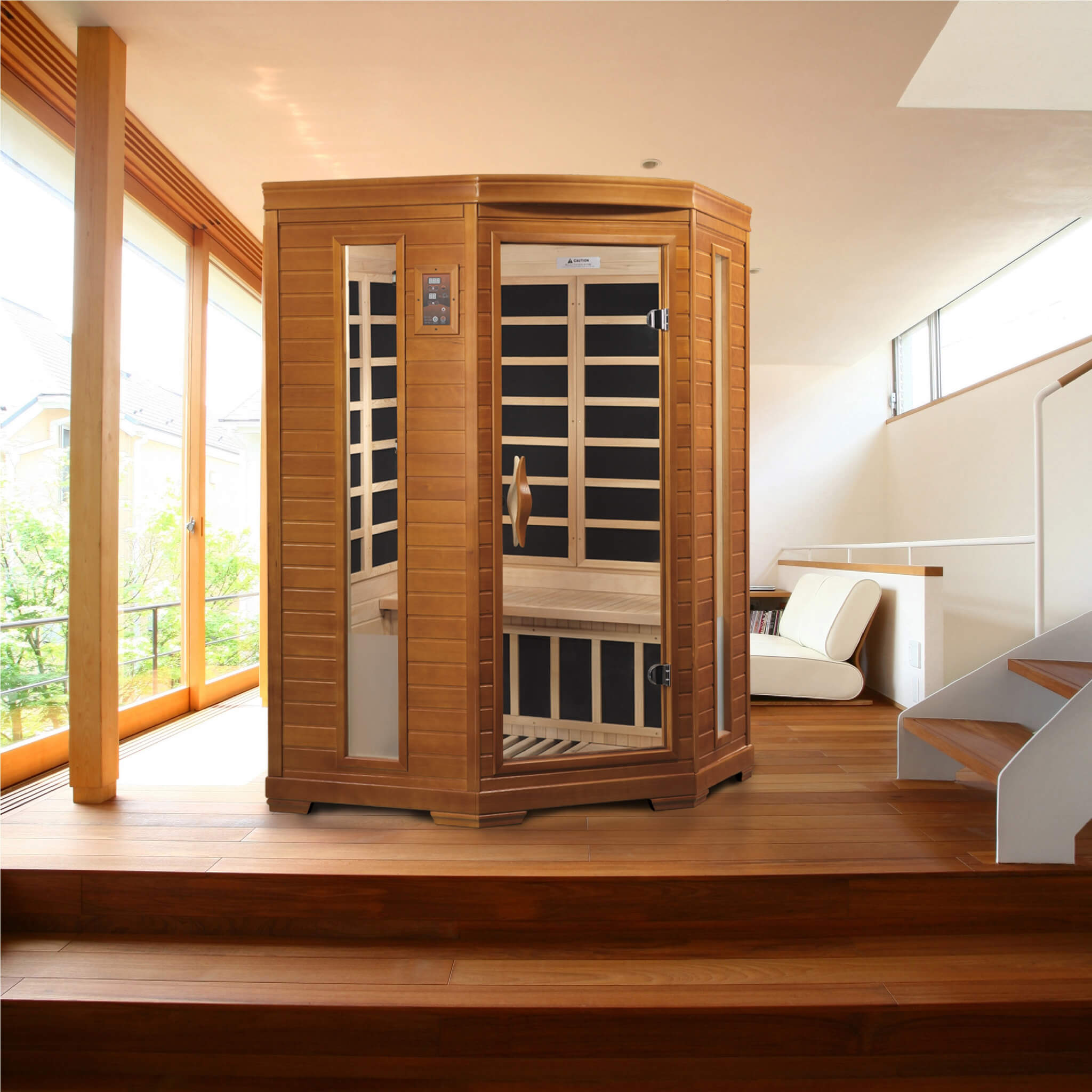 Dynamic Heming corner sauna installed in a home living space