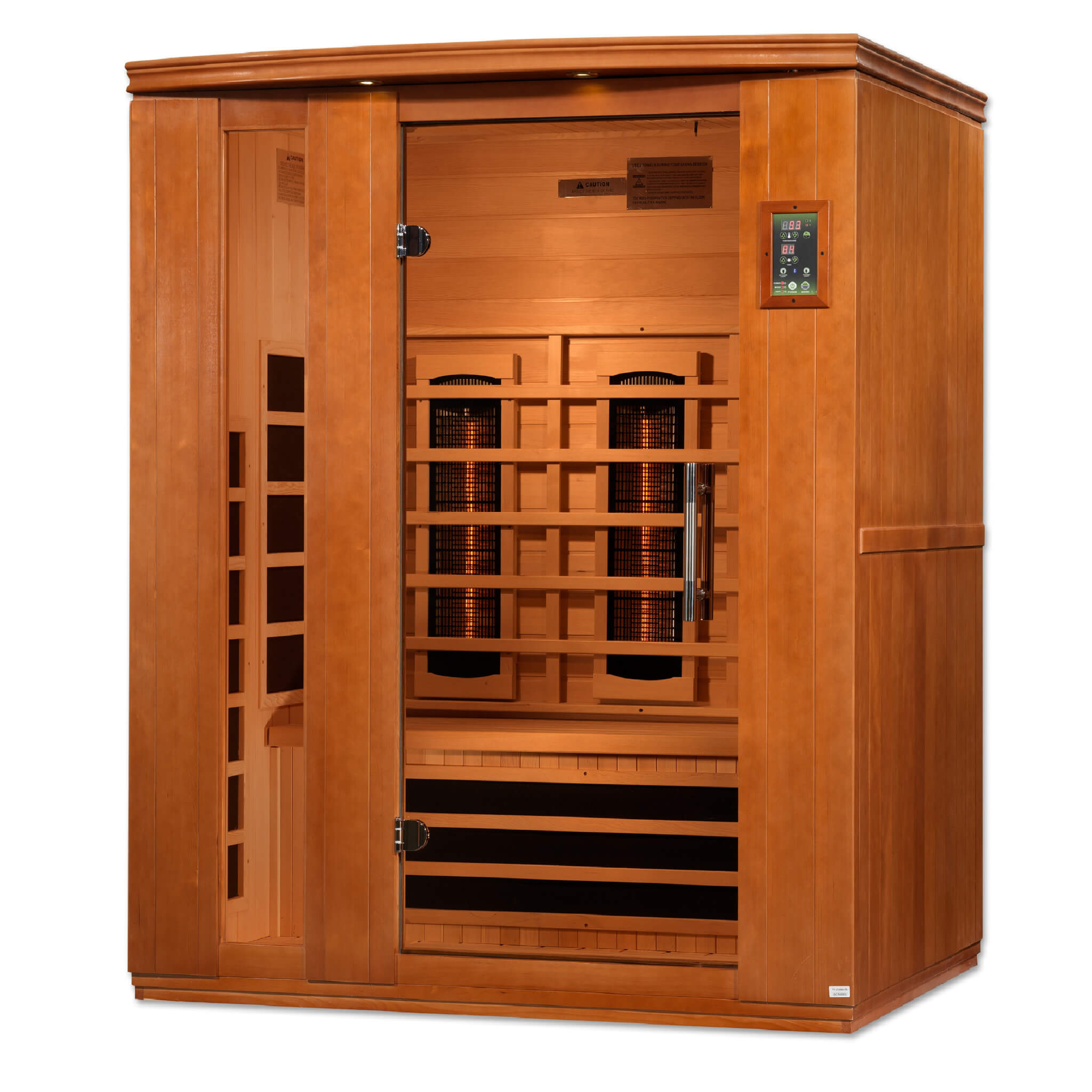 Dynamic Lugano 3 Person Full Spectrum Sauna DYN-6336-03 FS angled view showing interior heaters and control panel