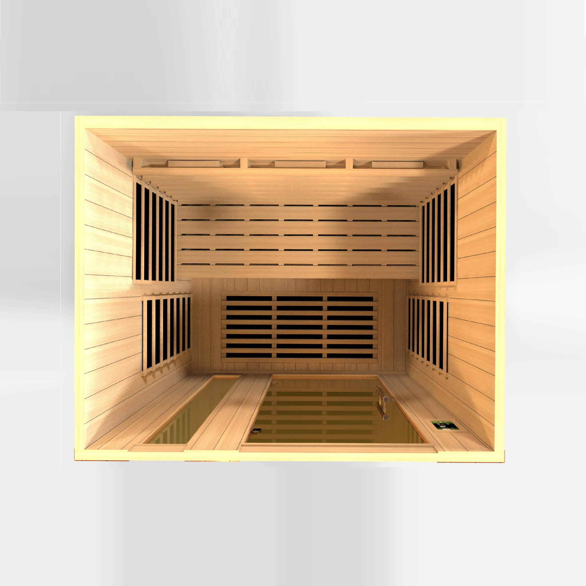 Dynamic Lugano 3 Person Full Spectrum Sauna DYN-6336-03 FS top-down interior view showing bench layout and side heaters