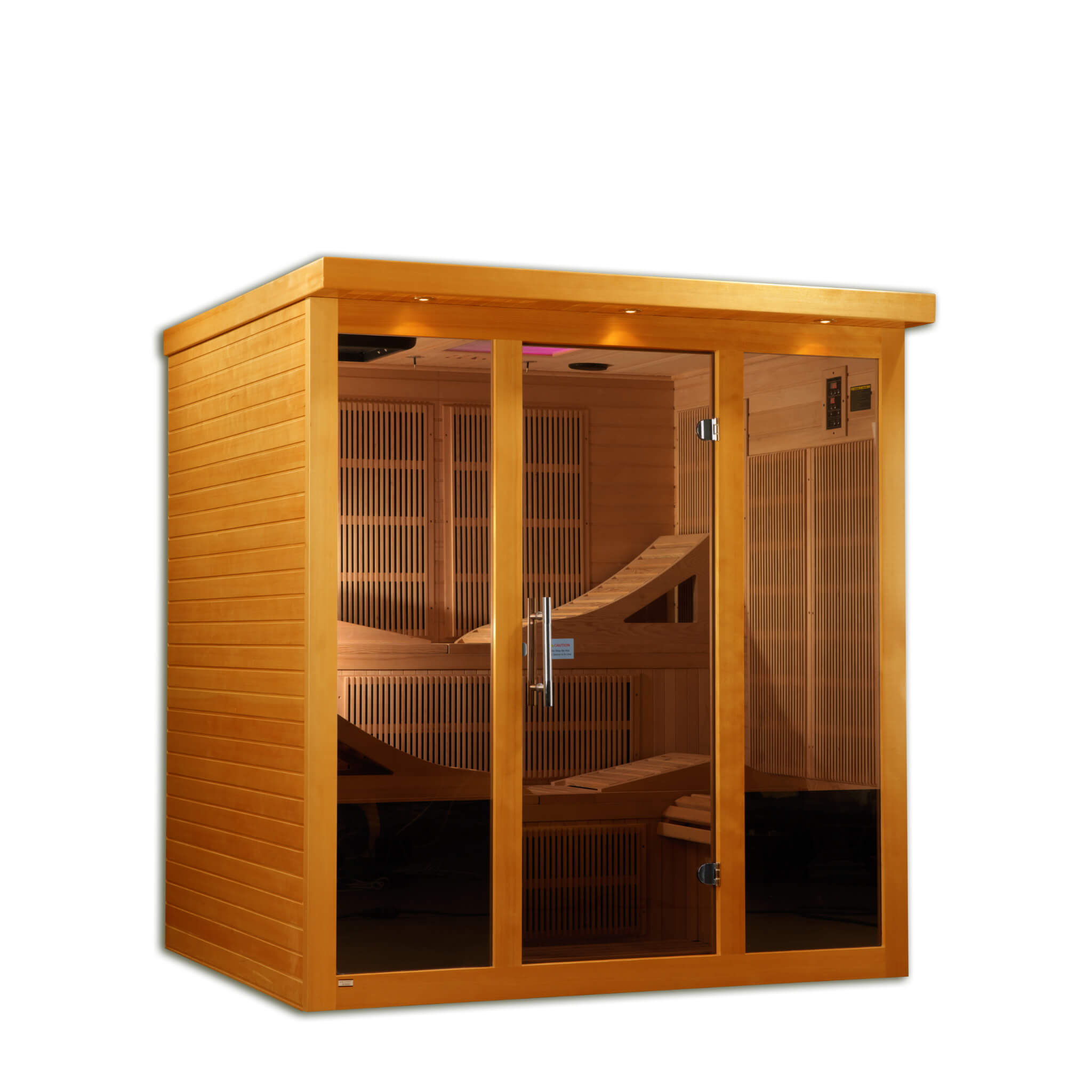 Front corner view of the Dynamic Monaco 6 person ultra low EMF sauna with glass door closed