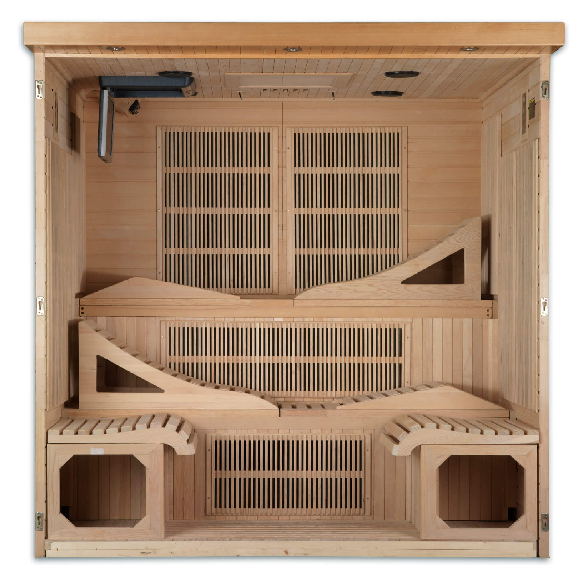 Front cutaway interior rendering of the Dynamic Monaco 6 person sauna showing wall heating panels, benches, and monitor placement