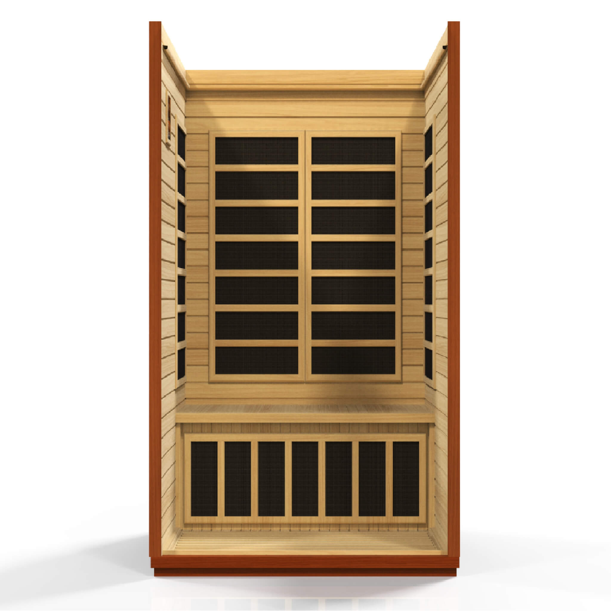 Interior view showing the Ultra Low EMF far infrared carbon heating panel layout inside the Dynamic San Marino Elite 2 Person Sauna