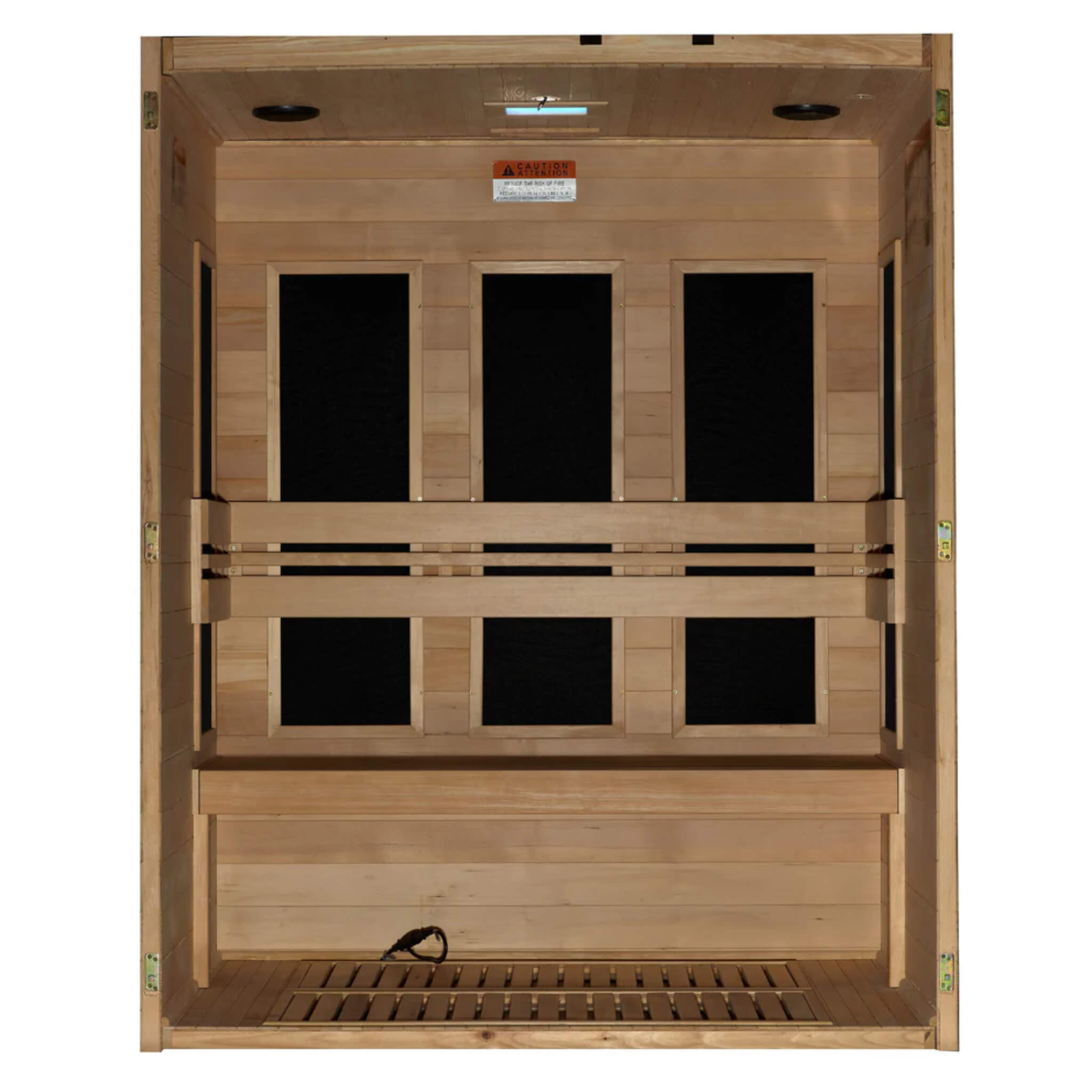 Interior of the Dynamic Toscana 3 Person Ultra Low EMF FAR Infrared Sauna showing the removable bench and heating panels