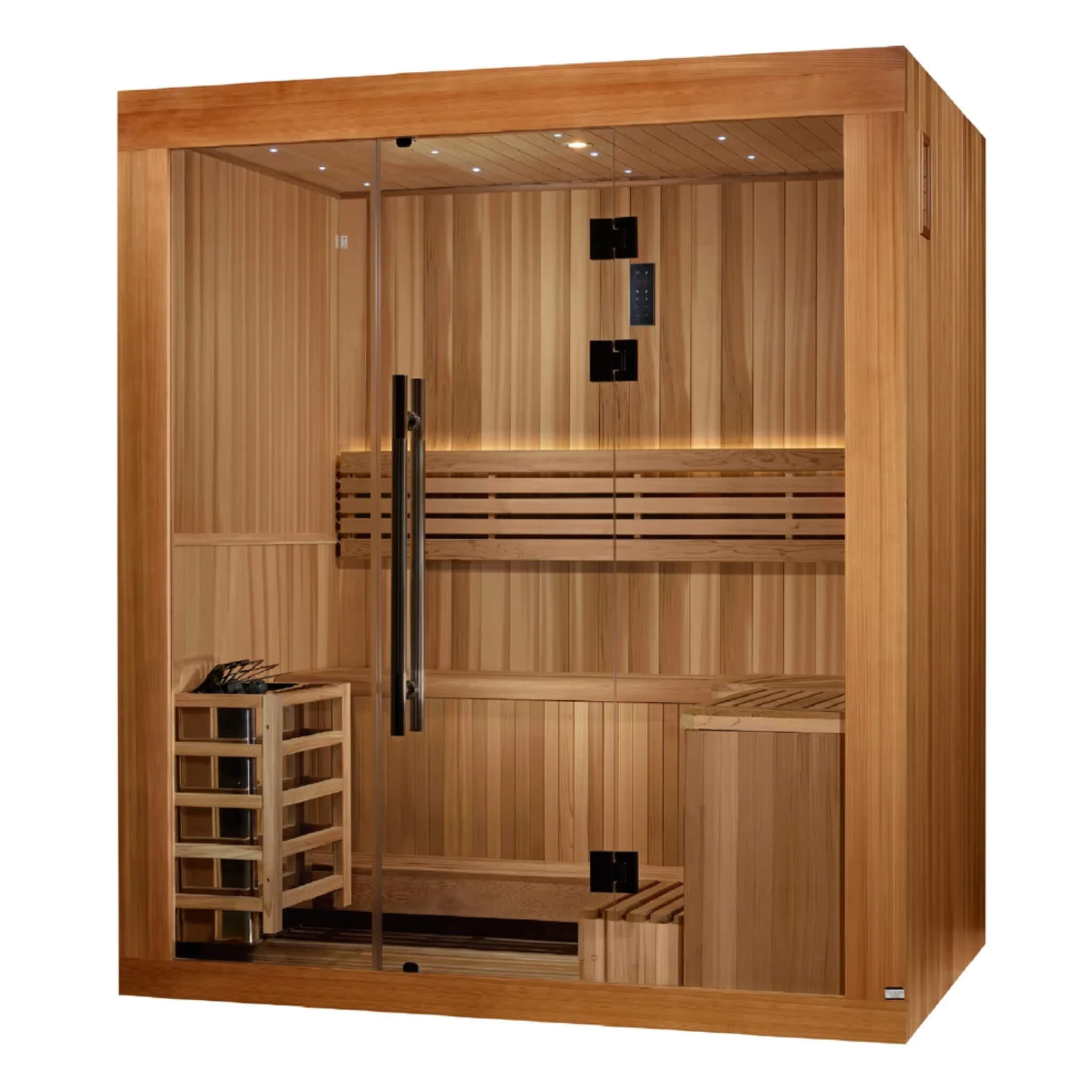Golden Designs Copenhagen GDI-7389-02 traditional sauna, angled exterior view showing the cedar cabin construction