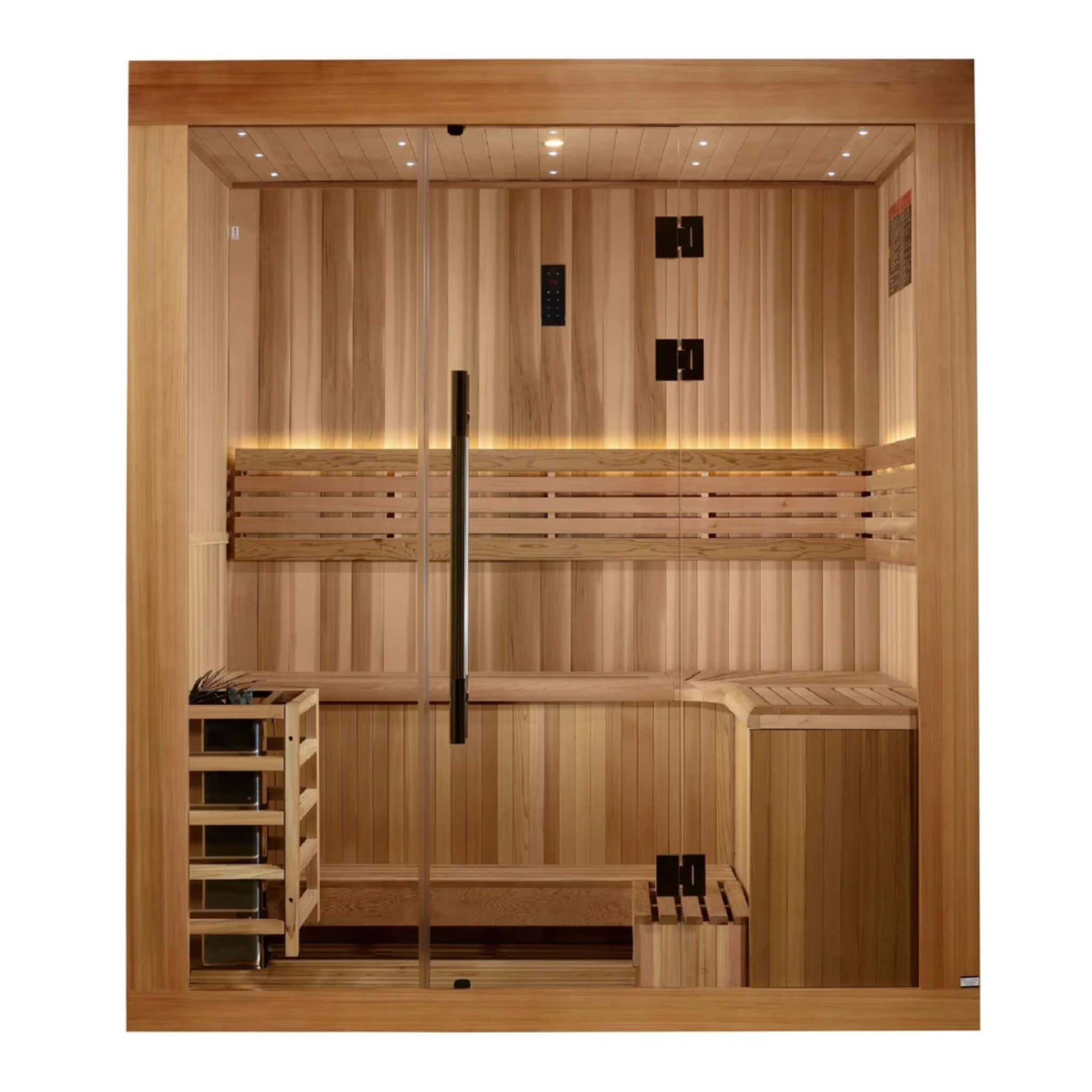 Golden Designs Copenhagen GDI-7389-02 3 person traditional steam sauna, front exterior view with glass door