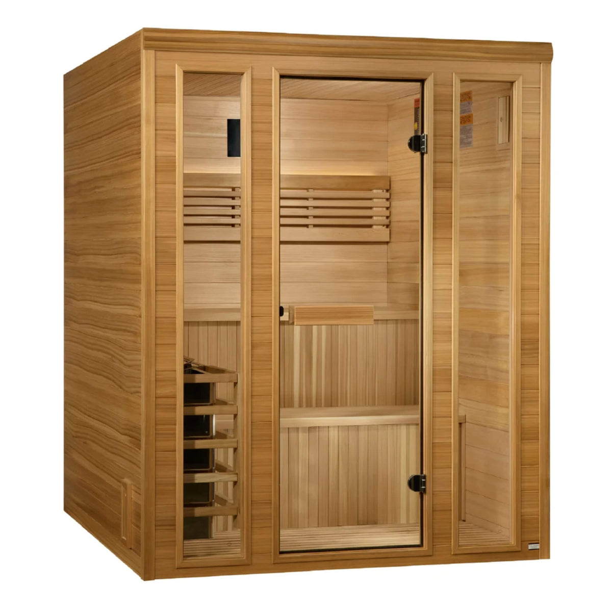 Golden Designs Engelberg 6 person traditional sauna right angle view showing cedar wall panels