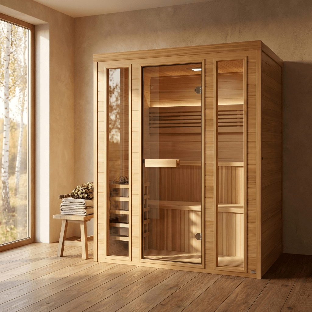 Golden Designs Engelberg 6 person traditional sauna in a sunlit indoor room setting