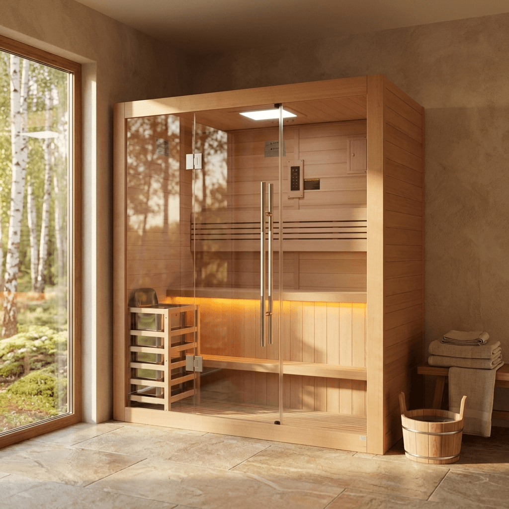Golden Designs Forssa GDI-7203-01 traditional steam sauna in a bright home spa room with a birch forest view through the window