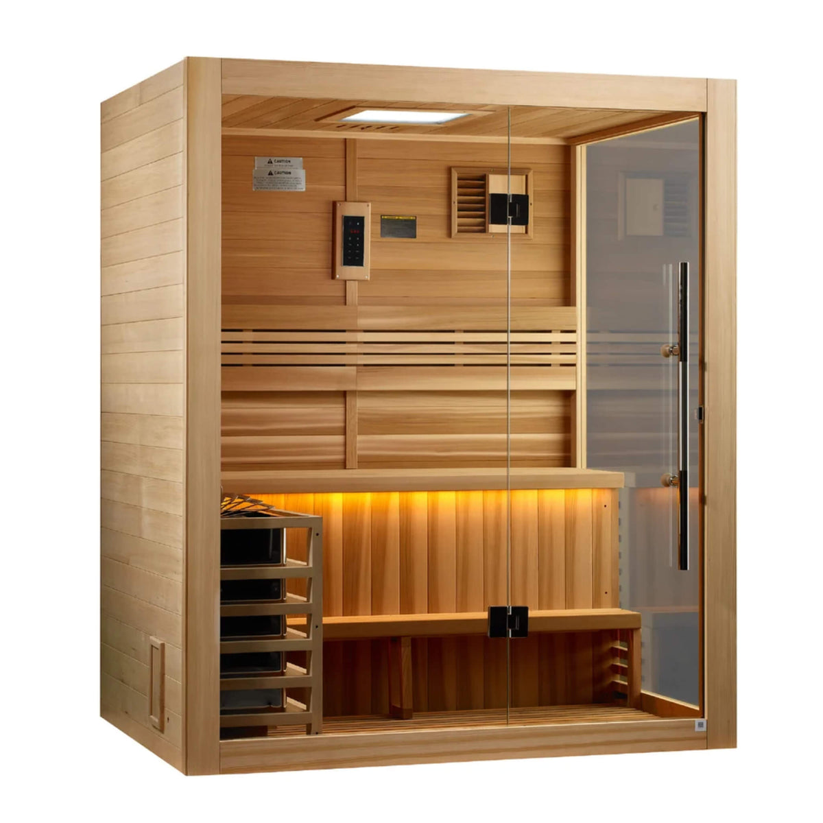 Golden Designs Hanko GDI-7202-01 traditional sauna, left angle view showing the Harvia wall stove and interior bench