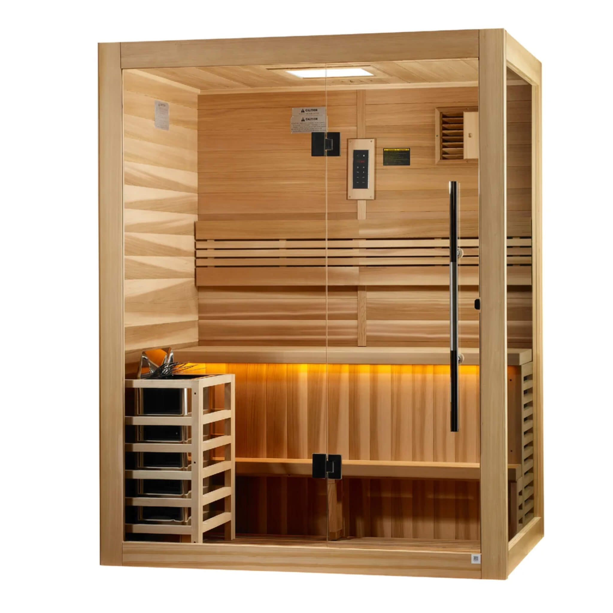 Golden Designs Hanko GDI-7202-01 traditional sauna, right angle view showing the glass door and interior lighting
