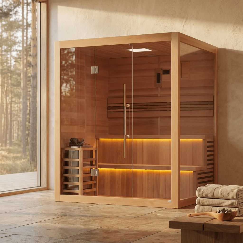 Golden Designs Kuusamo GDI-7206-01 6 person traditional steam sauna in a bright home spa room with a forest view through the window