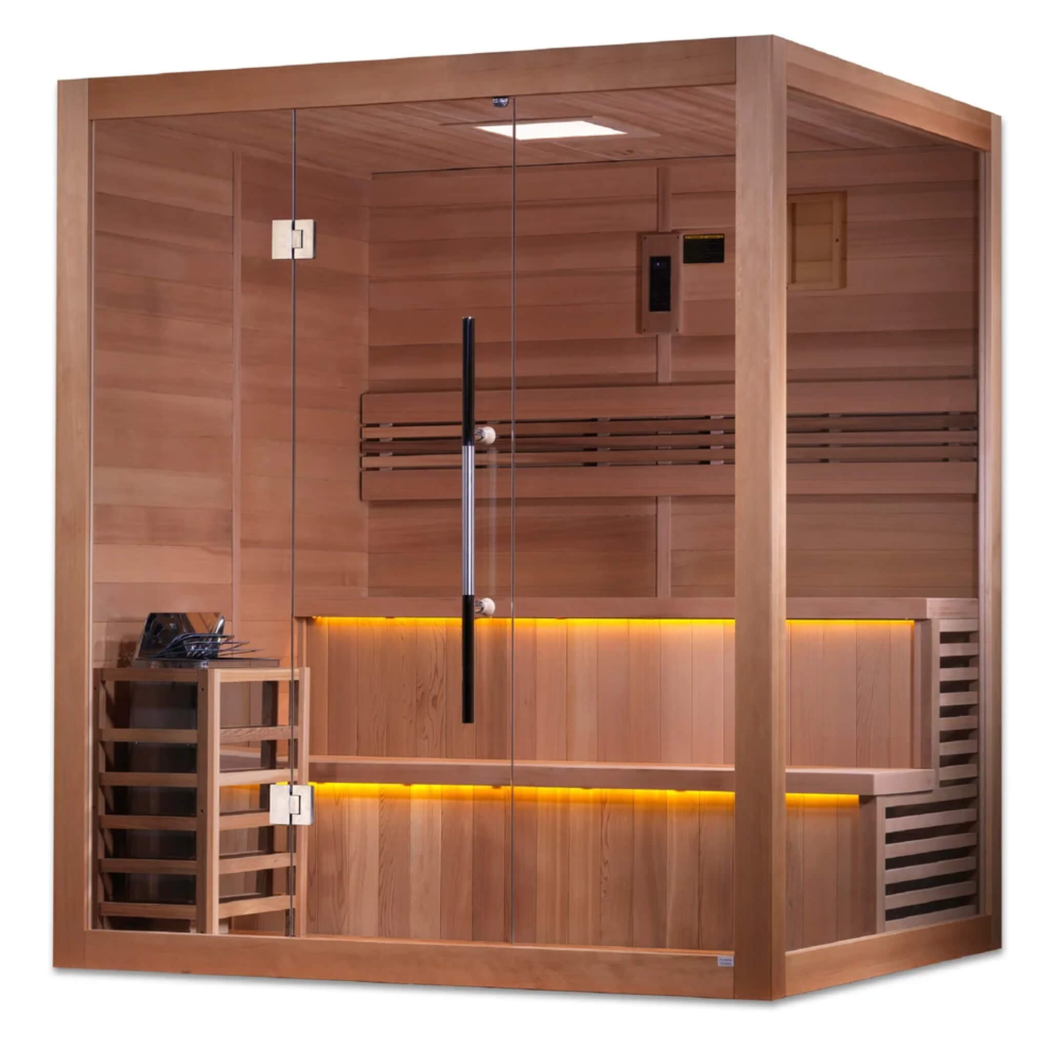 Golden Designs Kuusamo GDI-7206-01 traditional sauna, right angle view showing the two-tier bench and step