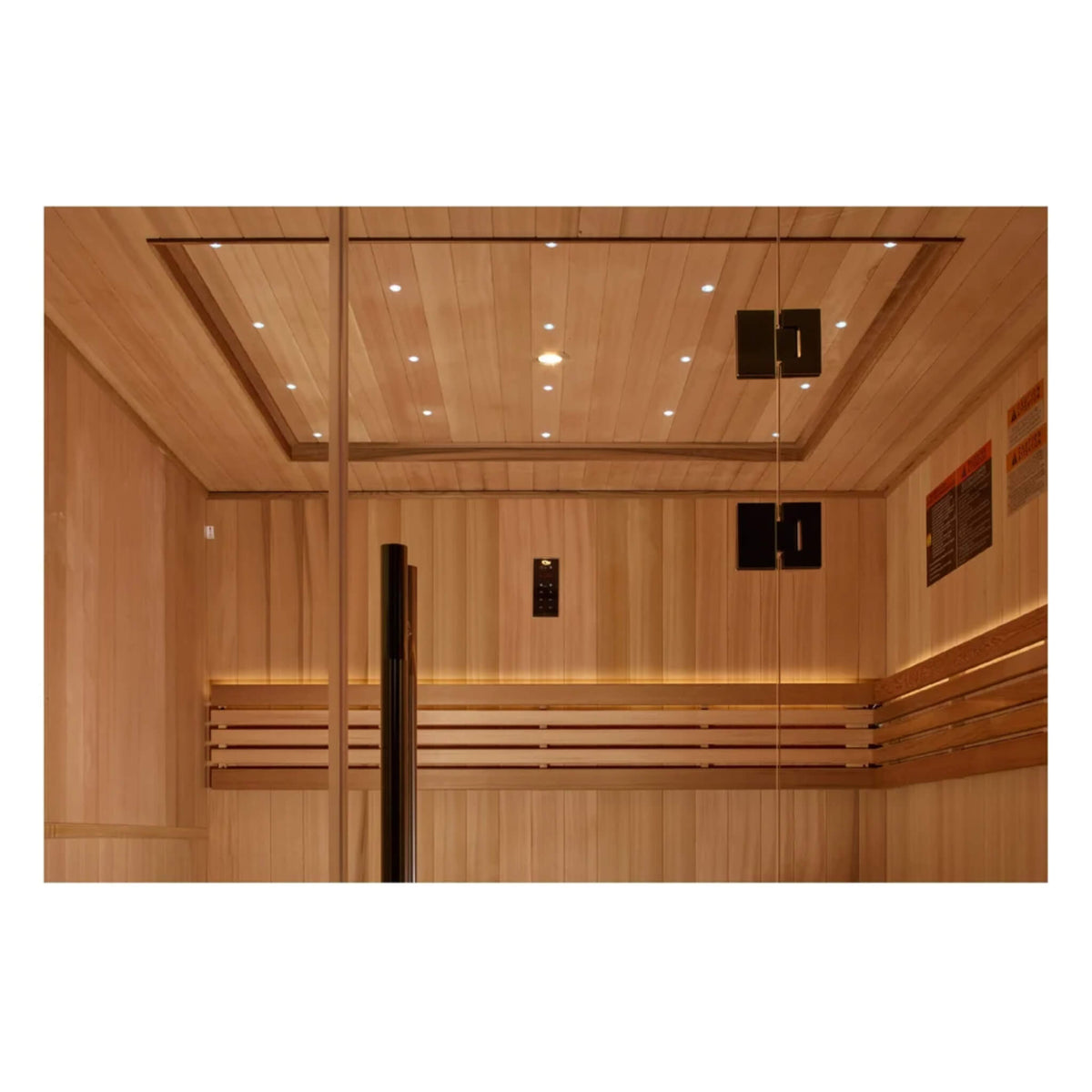 Ceiling and control panel detail on the Golden Designs Osla traditional sauna, showing the recessed lighting and door hinges