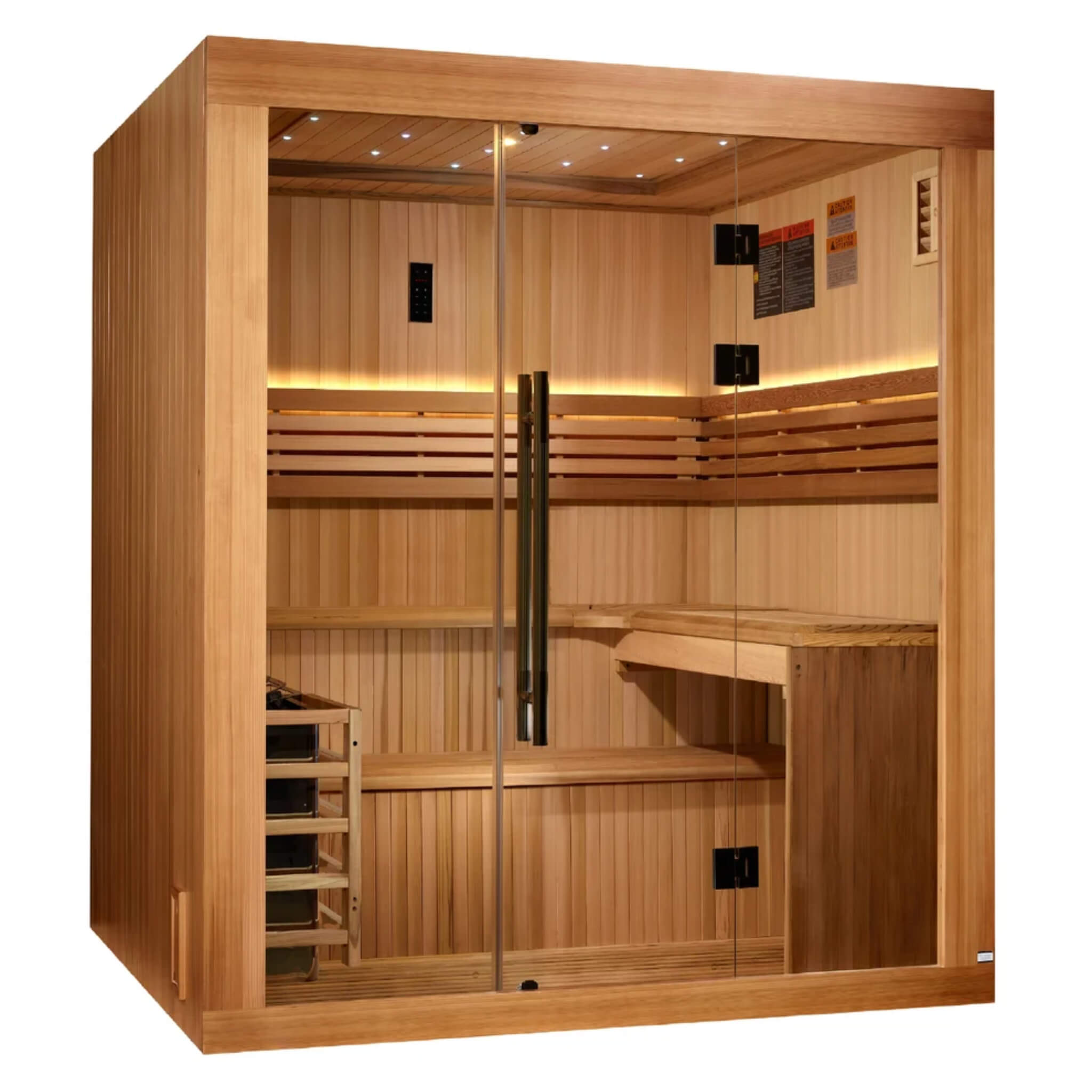 Golden Designs Osla GDI-7689-02 traditional sauna, corner angle view showing the glass door, interior bench, and stove