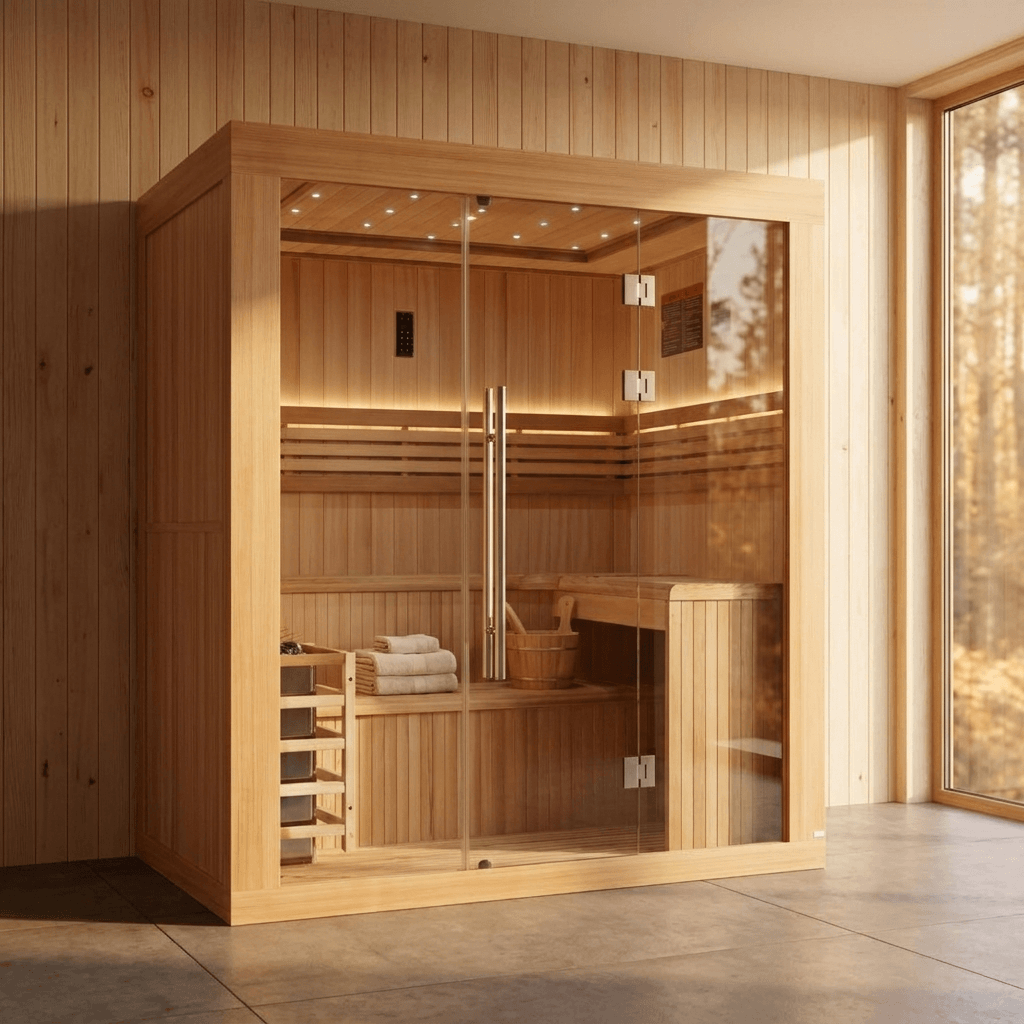 Golden Designs Osla GDI-7689-02 6 person traditional steam sauna in a bright home spa room with a forest view through the window