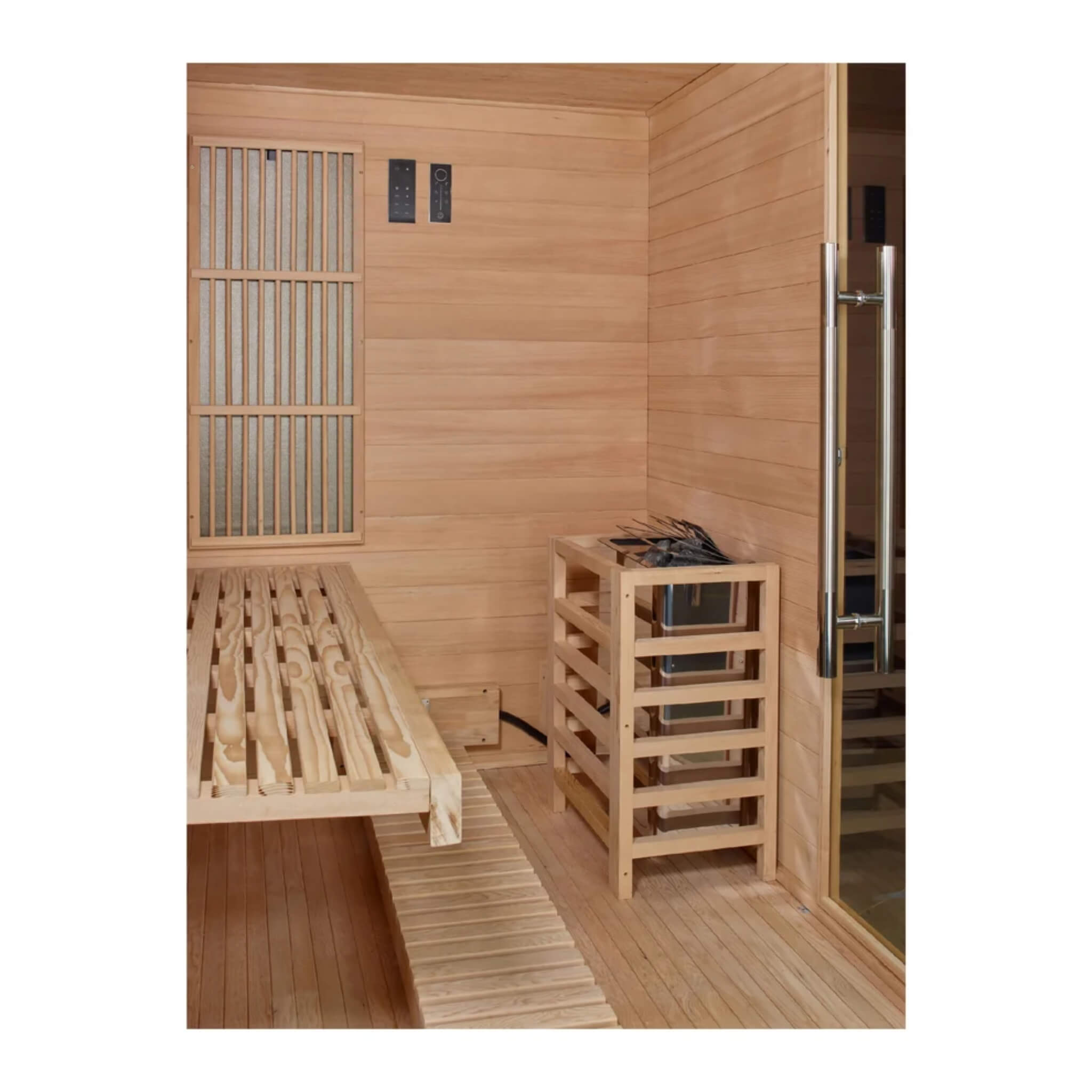 Soria hybrid sauna interior corner showing control panel, bench, and stove housing