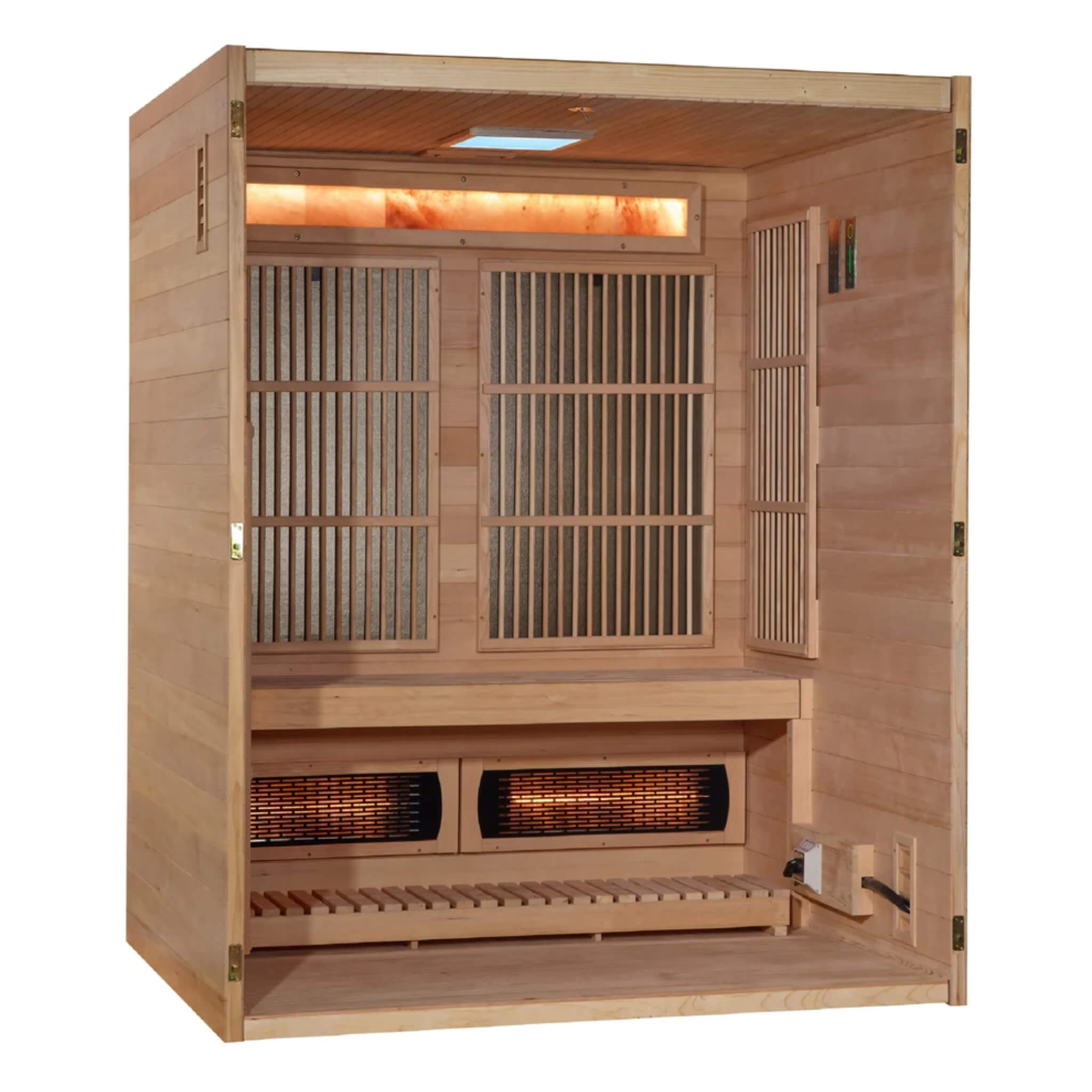 Soria hybrid sauna interior angled view showing infrared panels and control panel