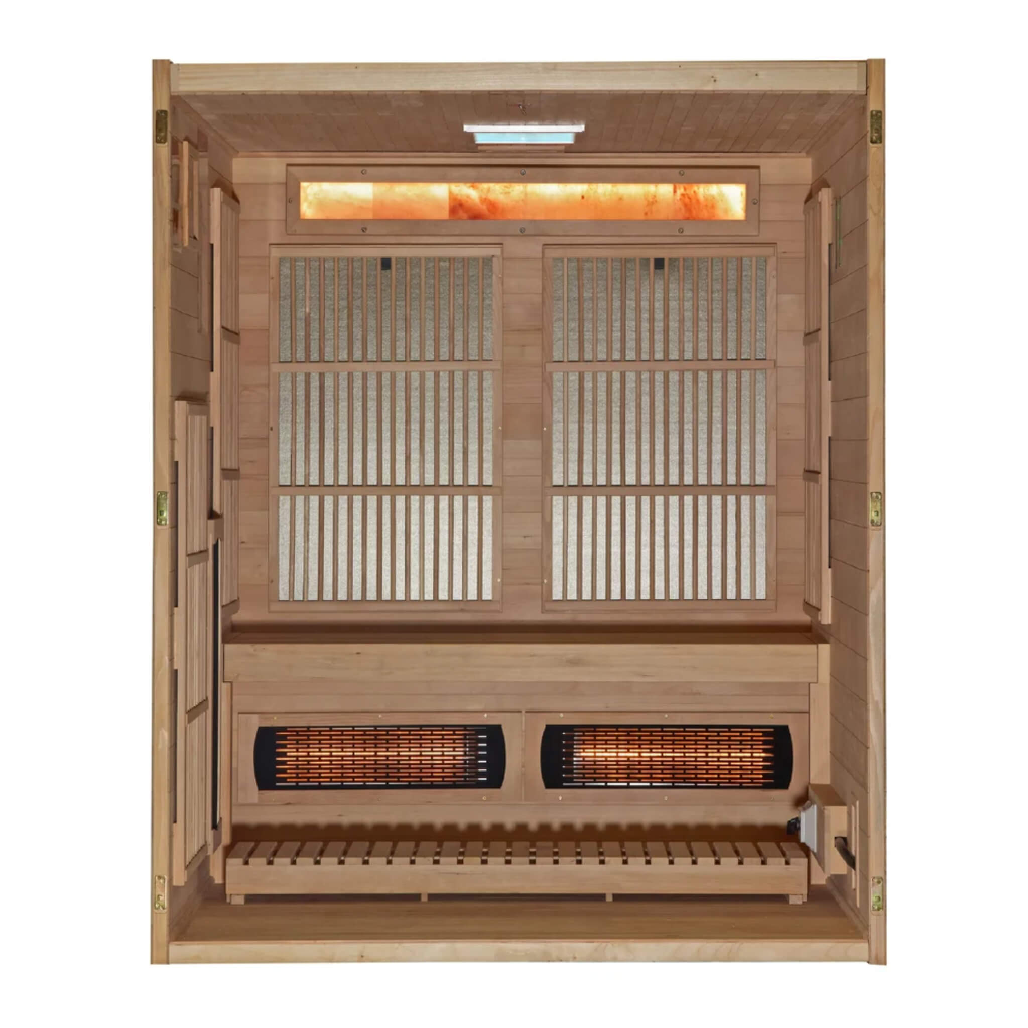 Soria hybrid sauna straight-on interior view showing infrared panels and salt bar