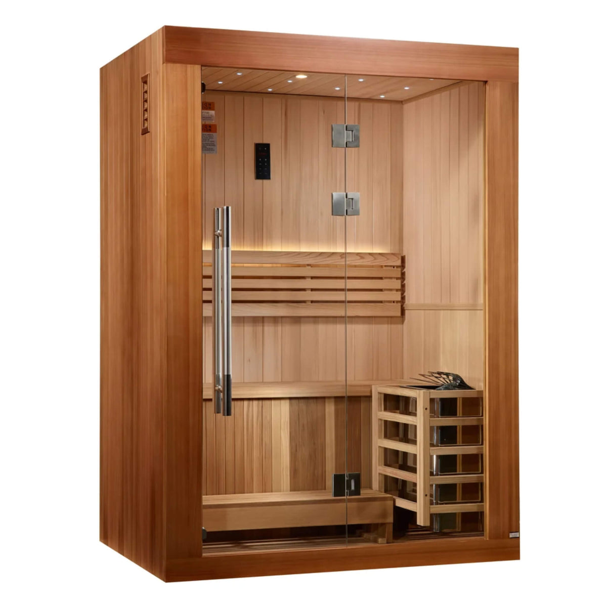 Golden Designs Sundsvall GDI-7289-02 2 person traditional steam sauna, front view with glass door and interior bench visible
