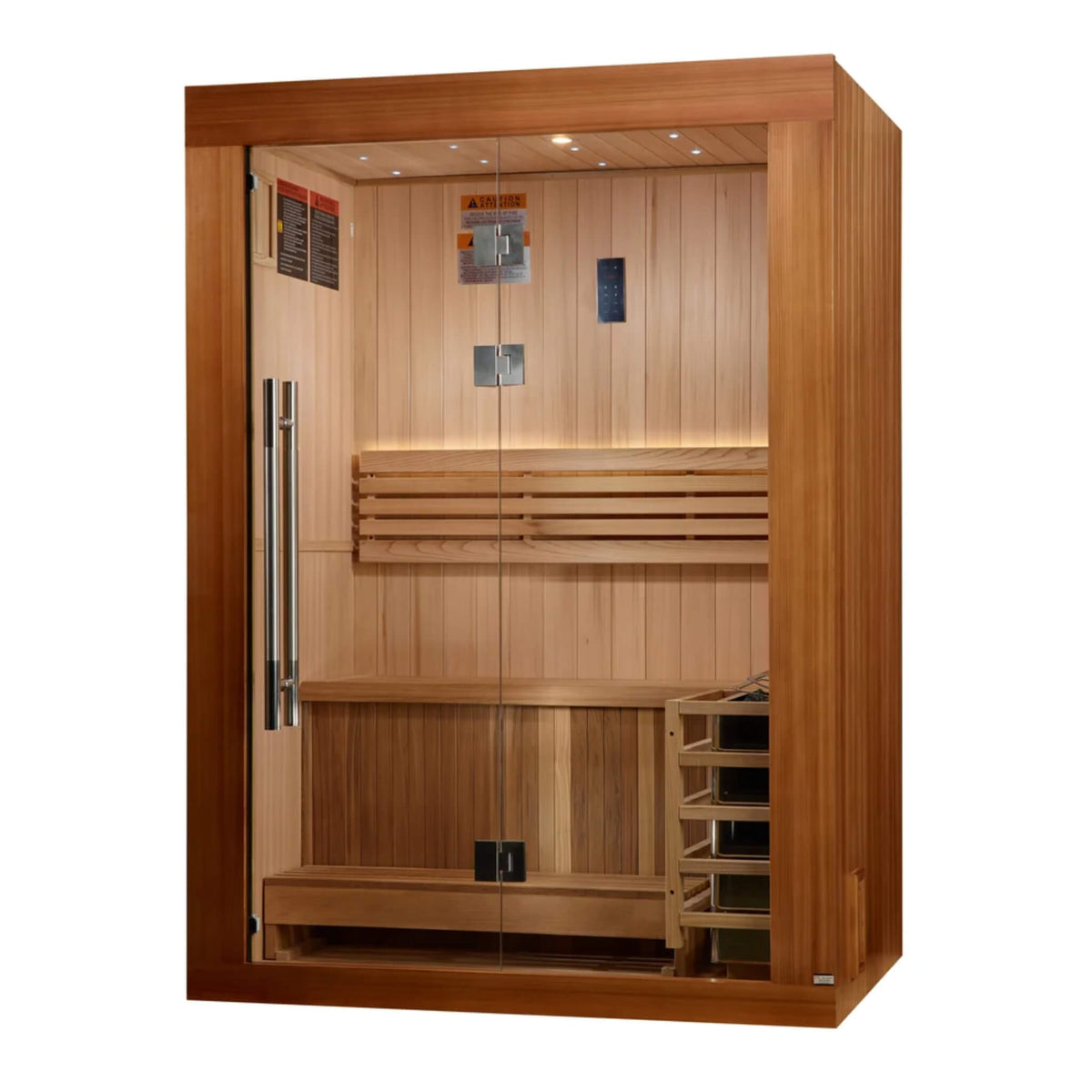 Golden Designs Sundsvall GDI-7289-02 traditional sauna, left angle view showing the Harvia wall stove and interior bench