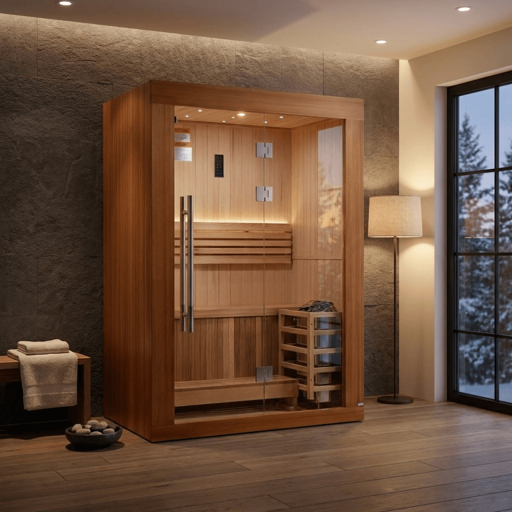 Golden Designs Sundsvall GDI-7289-02 traditional steam sauna in a warm home spa setting with snow-covered pines visible through the window