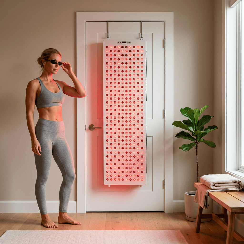 Woman wearing eye protection standing in front of the iReliev Red Light & Near Infrared Therapy Panel Full Body 2160W hanging on a door at home