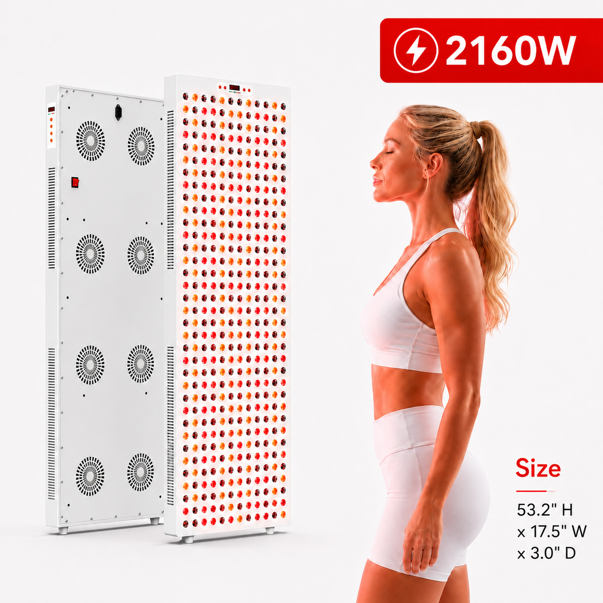 iReliev Red Light & Near Infrared Therapy Panel Full Body 2160W front and back next to a woman for size