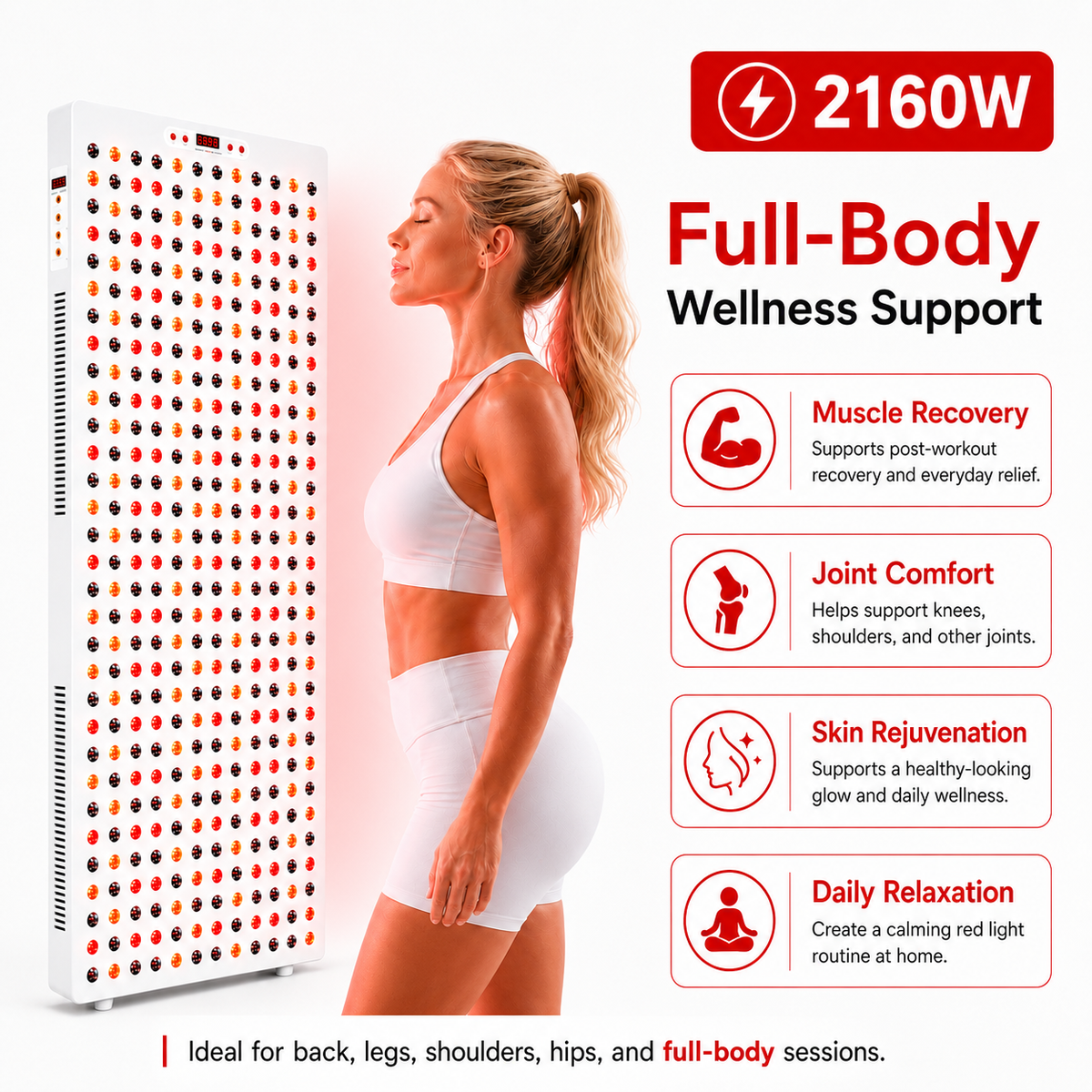 Woman standing beside the iReliev Red Light & Near Infrared Therapy Panel Full Body 2160W
