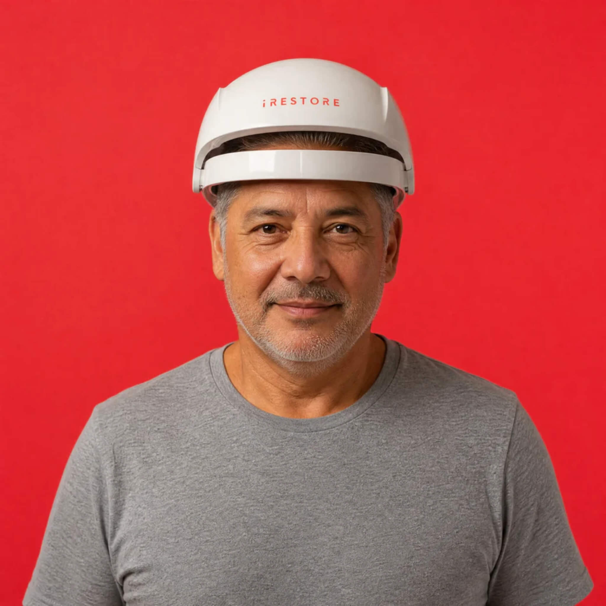 Mature man wearing iRESTORE Essential laser hair growth cap in gray shirt