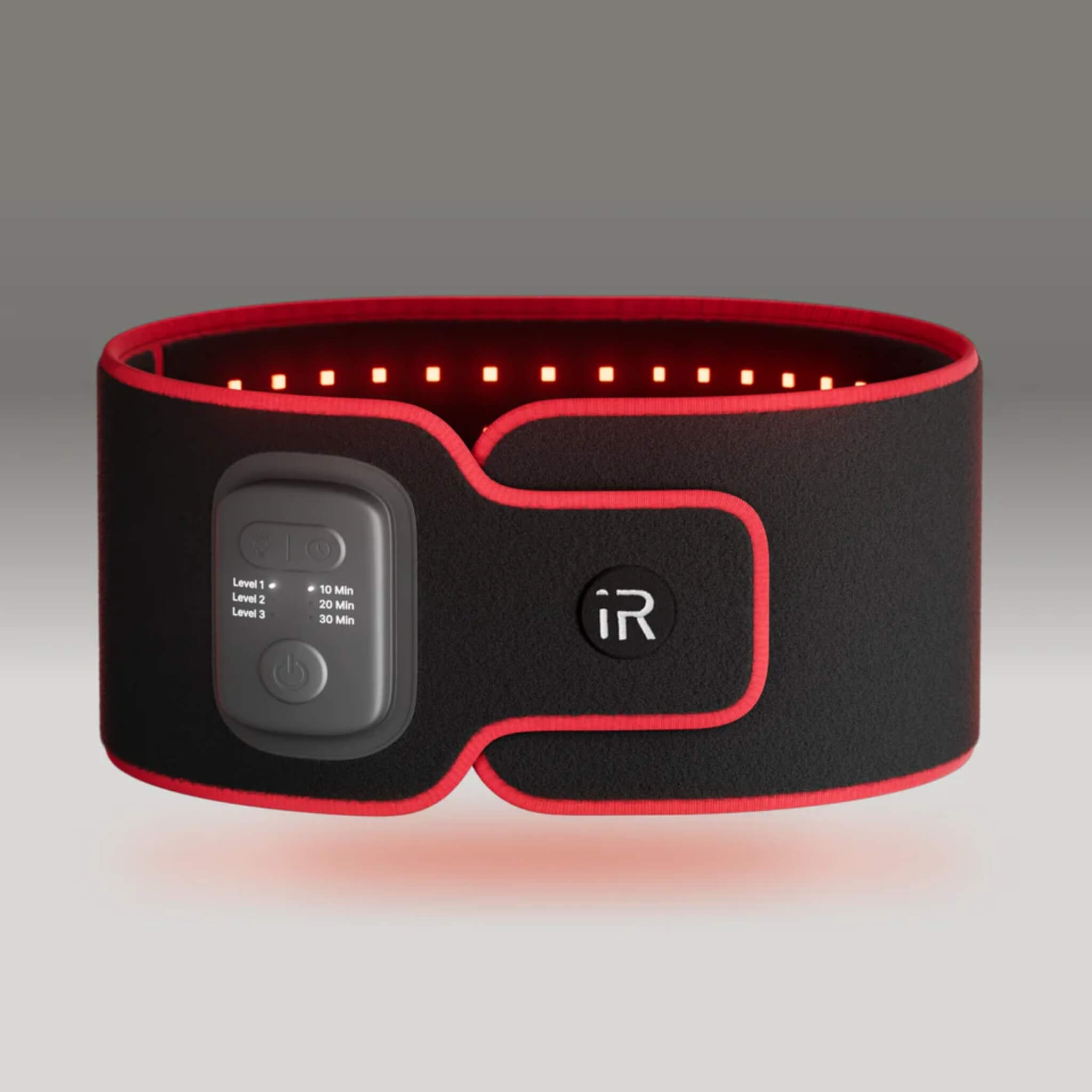 iRESTORE Flex LED Belt standalone product shot with red LED array illuminated and three-level intensity control panel