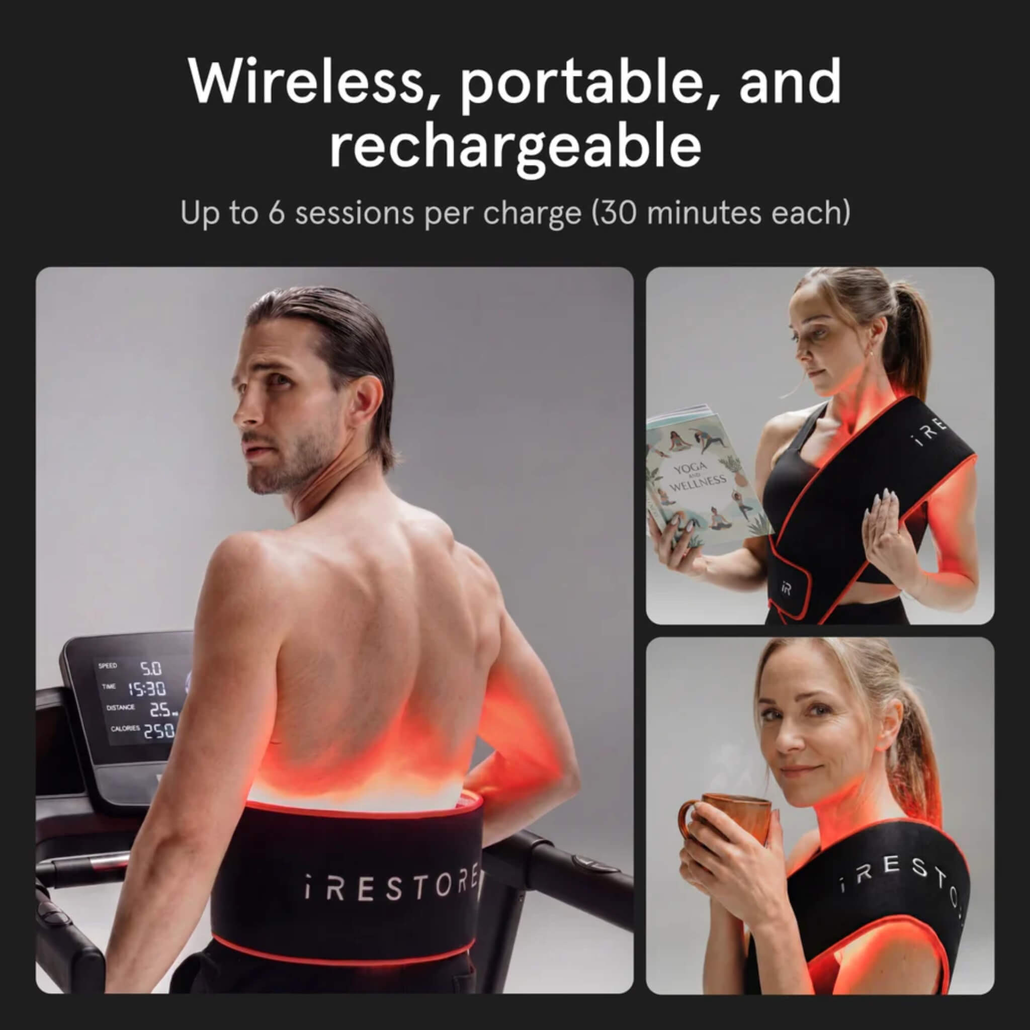 iRESTORE Flex LED Belt wireless and rechargeable, shown in use during exercise and everyday activities, up to 6 sessions per charge