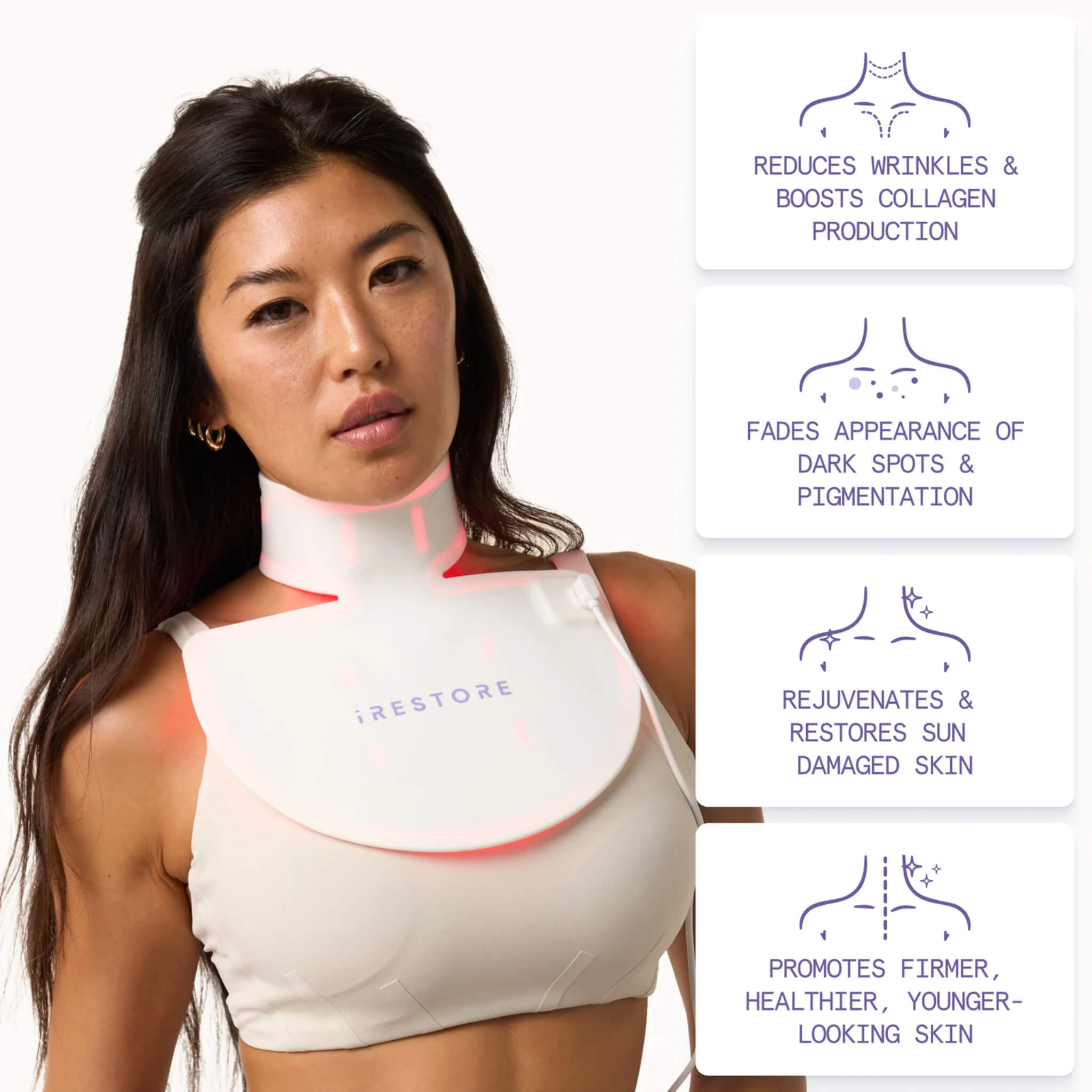 Woman wearing the iRESTORE Illumina Neck & Chest Mask with listed skin benefits including wrinkles, dark spots, and sun damage