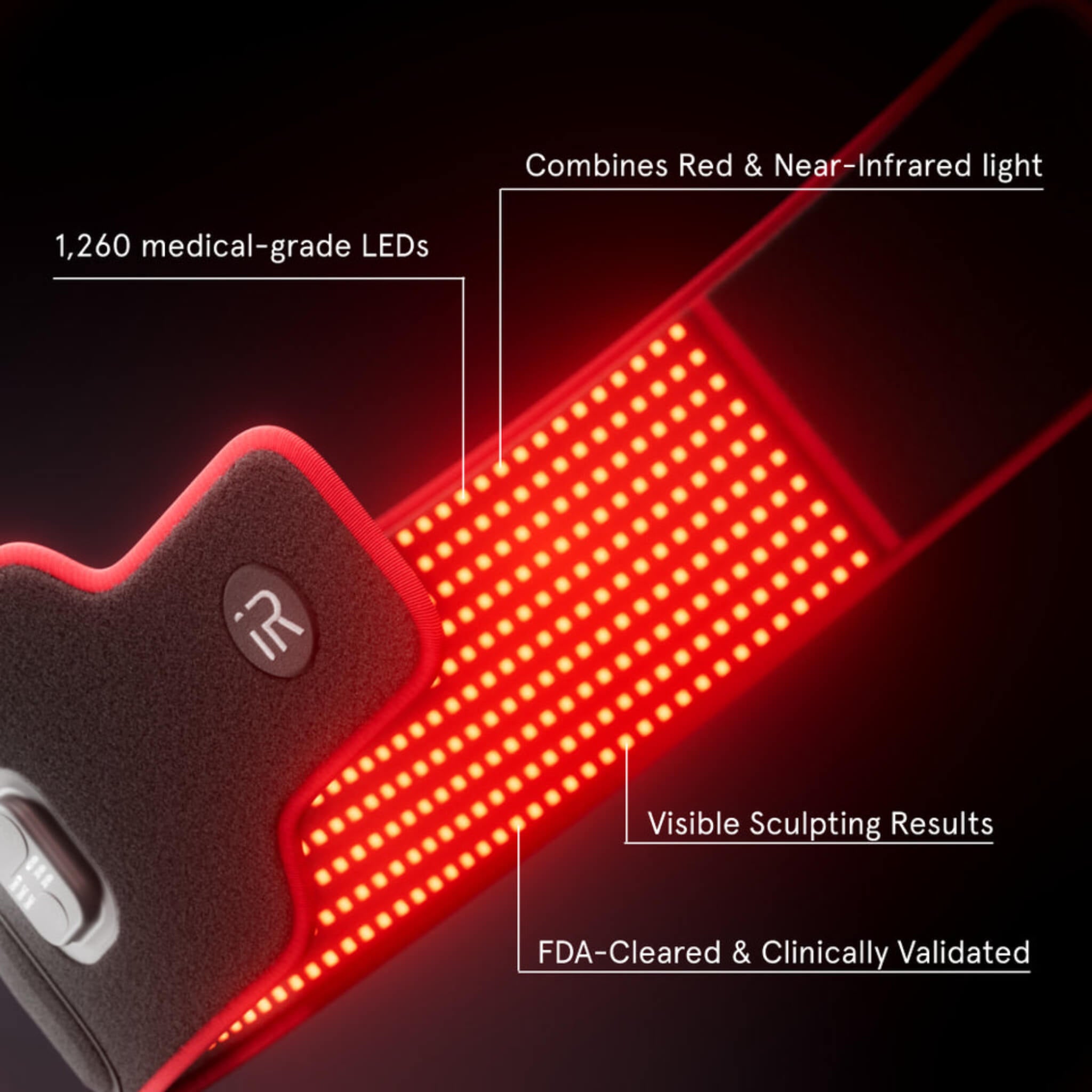 iRESTORE Sculpt LED Belt close-up showing 1,260 medical-grade LEDs combining red and near-infrared light, FDA-cleared and clinically validated