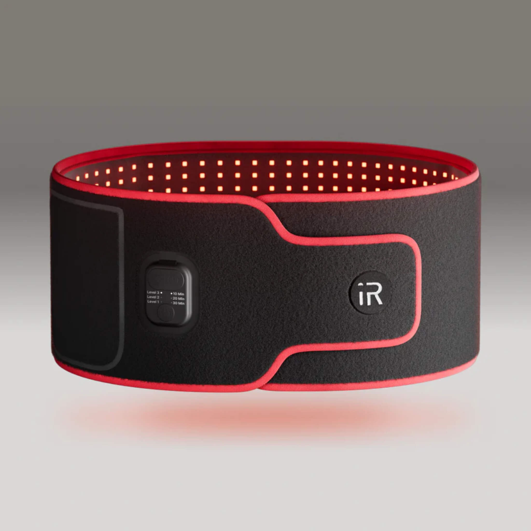 iRESTORE Sculpt LED Belt standalone product shot with red LED array illuminated and three-level intensity control panel