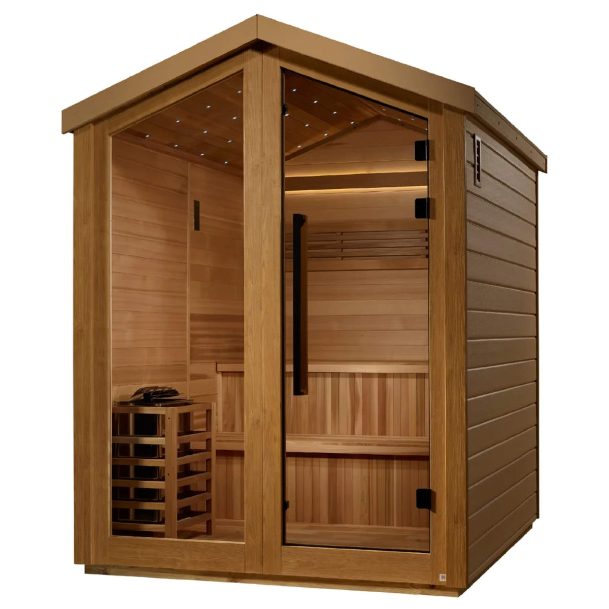 Kaarina 6 Person Barn Sauna angled view showing the weatherproof exterior siding and roof vent on the right side wall