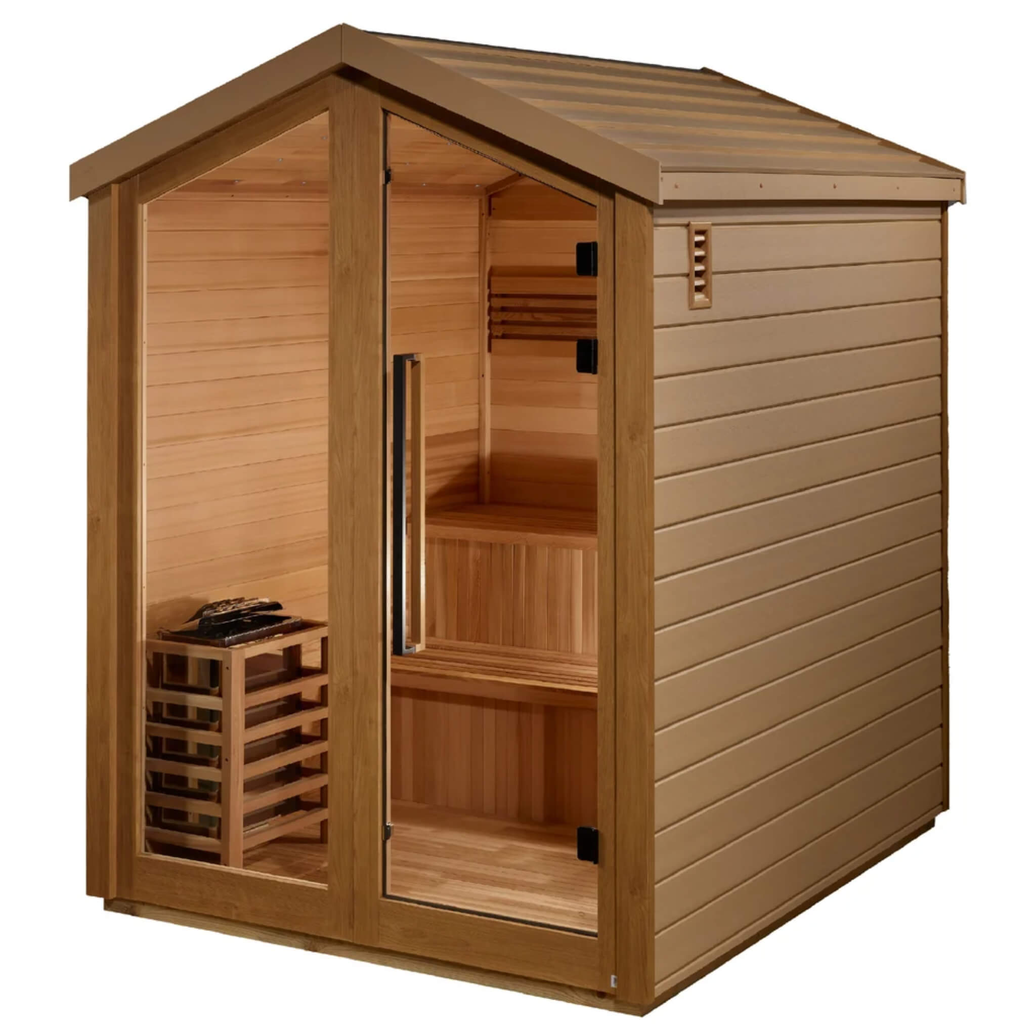 Kaarina 6 Person Barn Sauna exterior angled view highlighting the barn style roofline and side wall vent