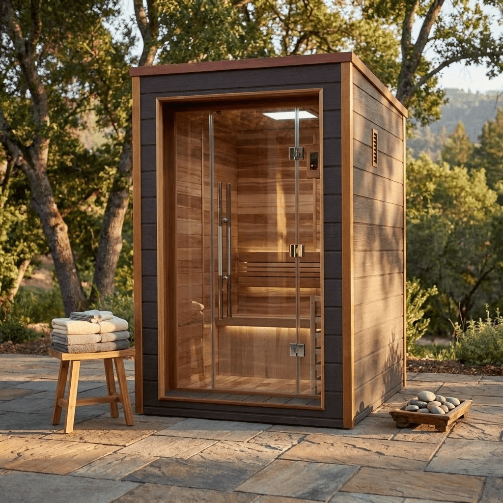 Narvik 2 Person Outdoor-Indoor Sauna on a stone patio with folded towels and a stone tray nearby