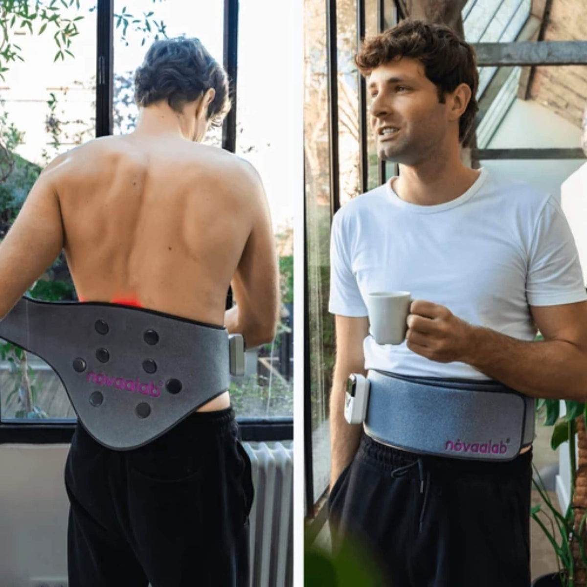 Two views of a man wearing the cordless NovaaLab Novaa Back Pad, from behind and standing with a coffee cup