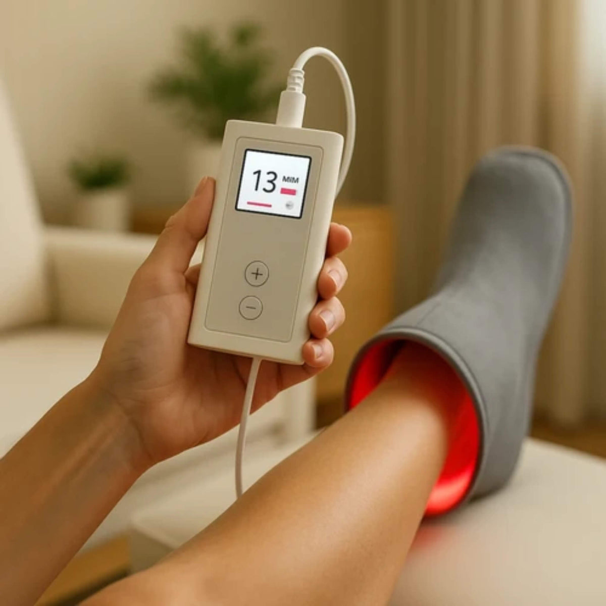 Hand holding the NovaaLab Novaa Light Boot remote during a session