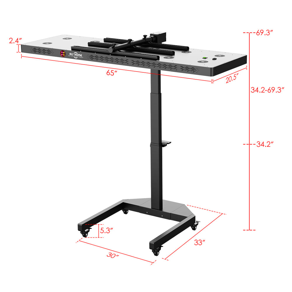 RLT Home Total Spectrum ELITE Red Light Therapy Device set horizontal on its stand with height and base dimensions