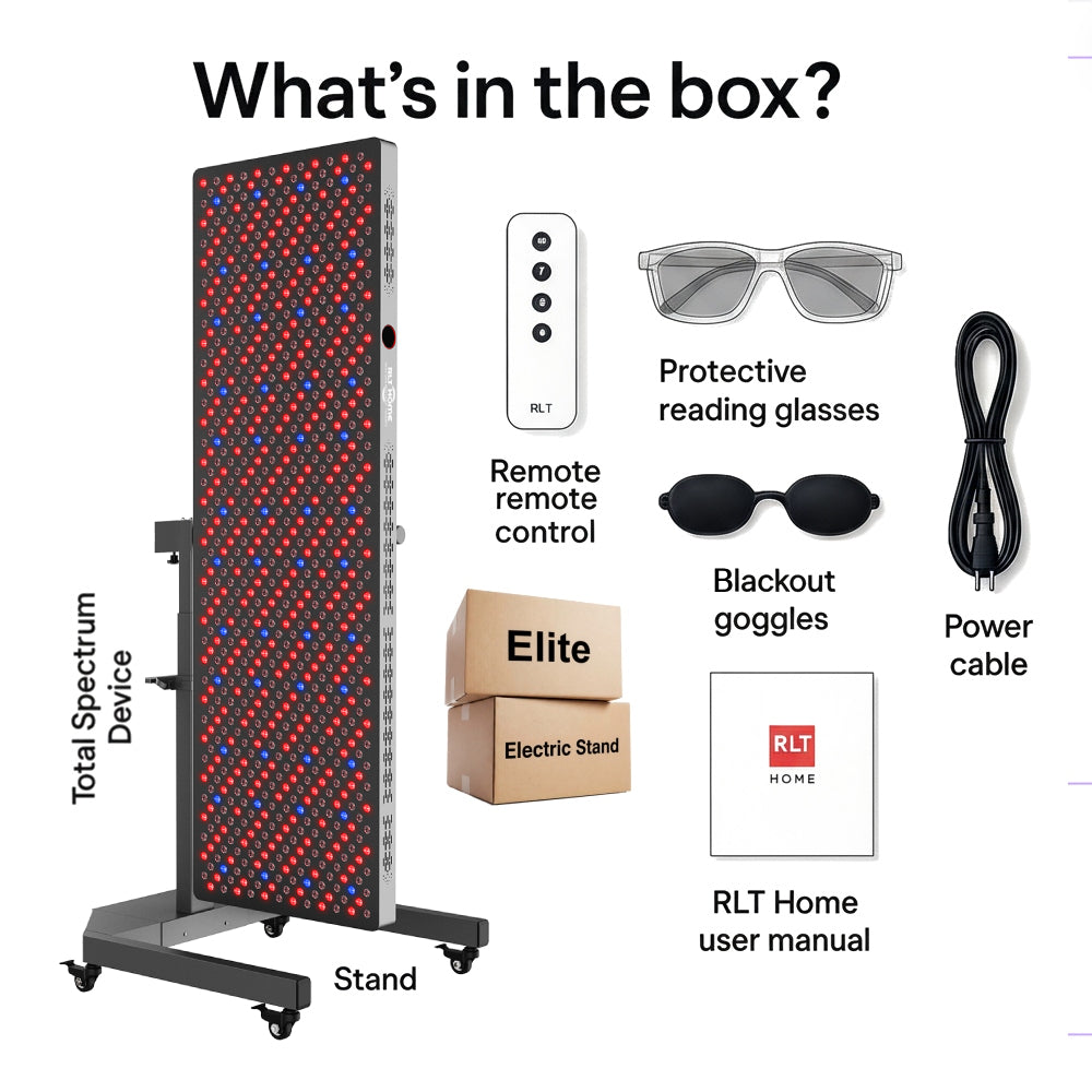 RLT Home Total Spectrum ELITE Red Light Therapy Device box contents with electric stand remote glasses goggles manual and power cable
