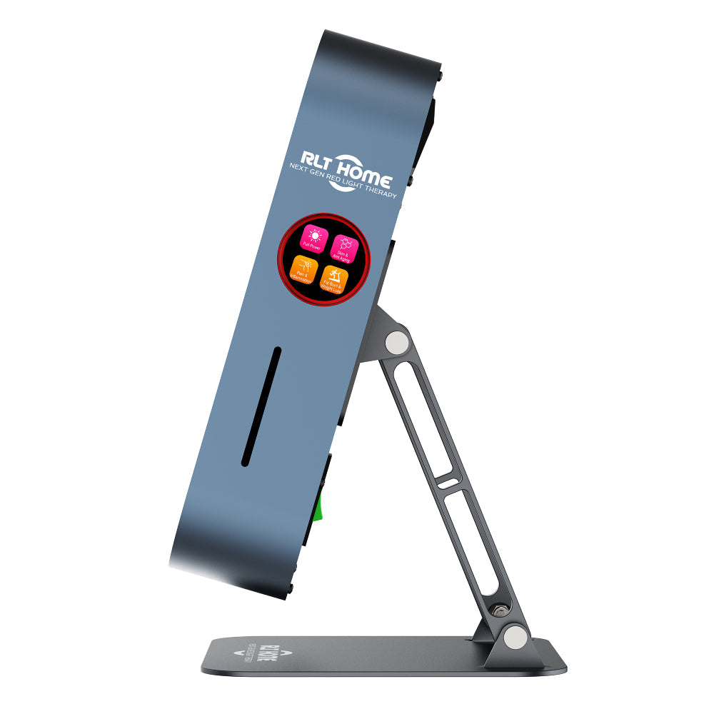 RLT Home Total Spectrum MINI Red Light Therapy Device side profile on its table-top stand