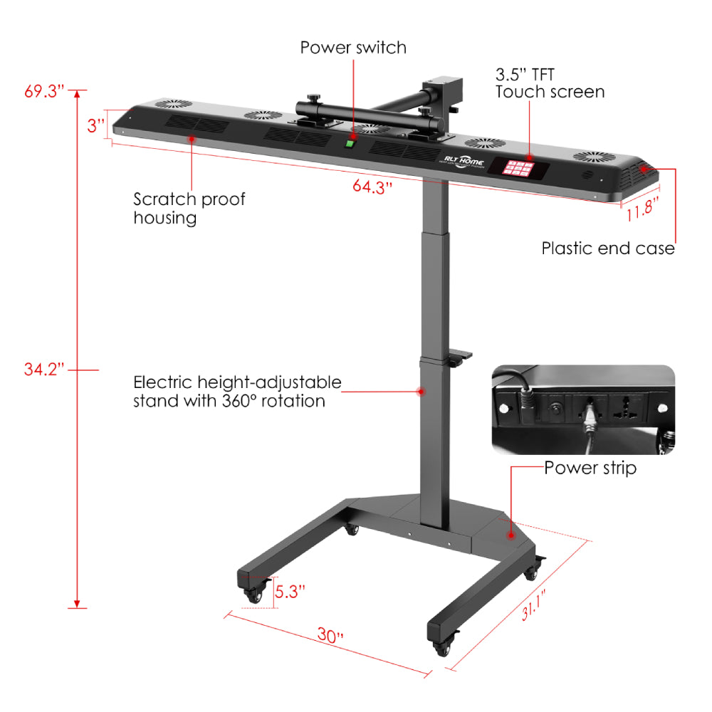 RLT Home Total Spectrum ULTRA Red Light Therapy Device electric stand diagram with labeled parts and measurements
