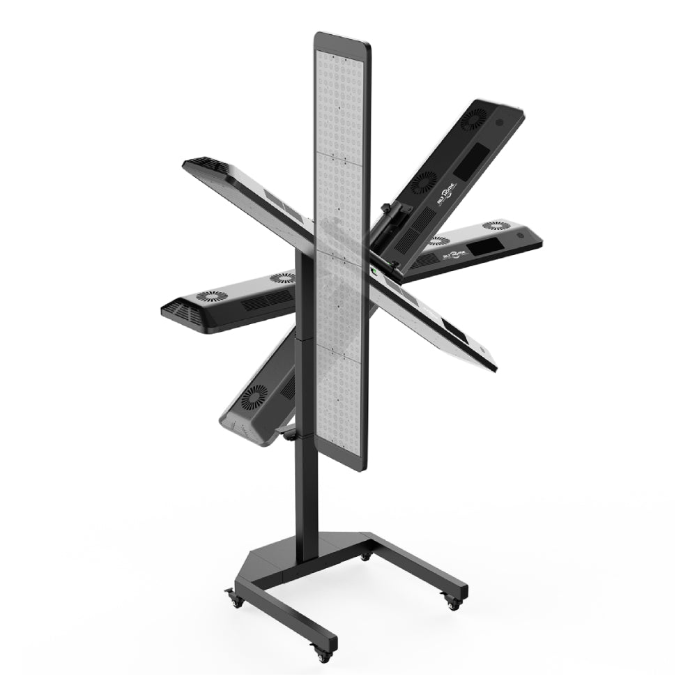 RLT Home Total Spectrum ULTRA Red Light Therapy Device shown in several positions on its electric stand