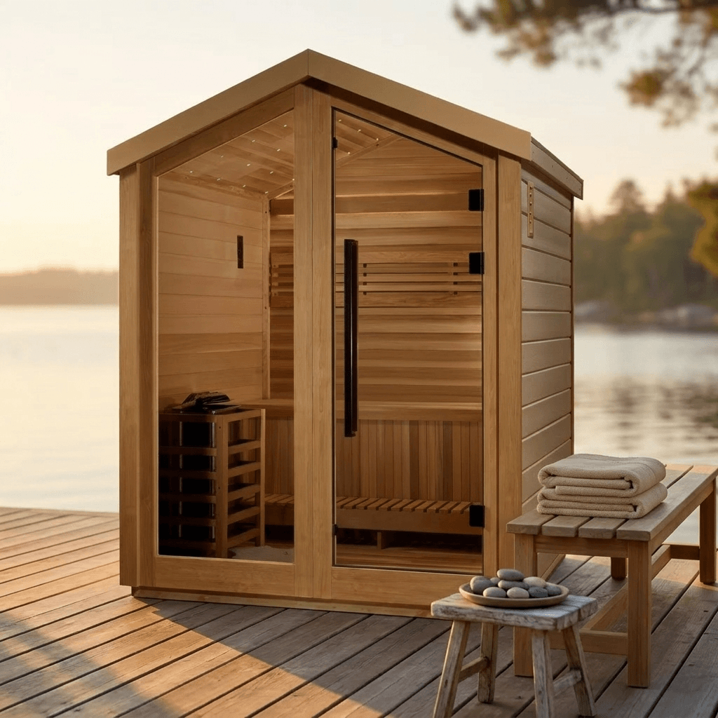 Savonlinna 3 Person Barn Sauna on a lakeside deck at sunset with folded towels and a stone bowl nearby