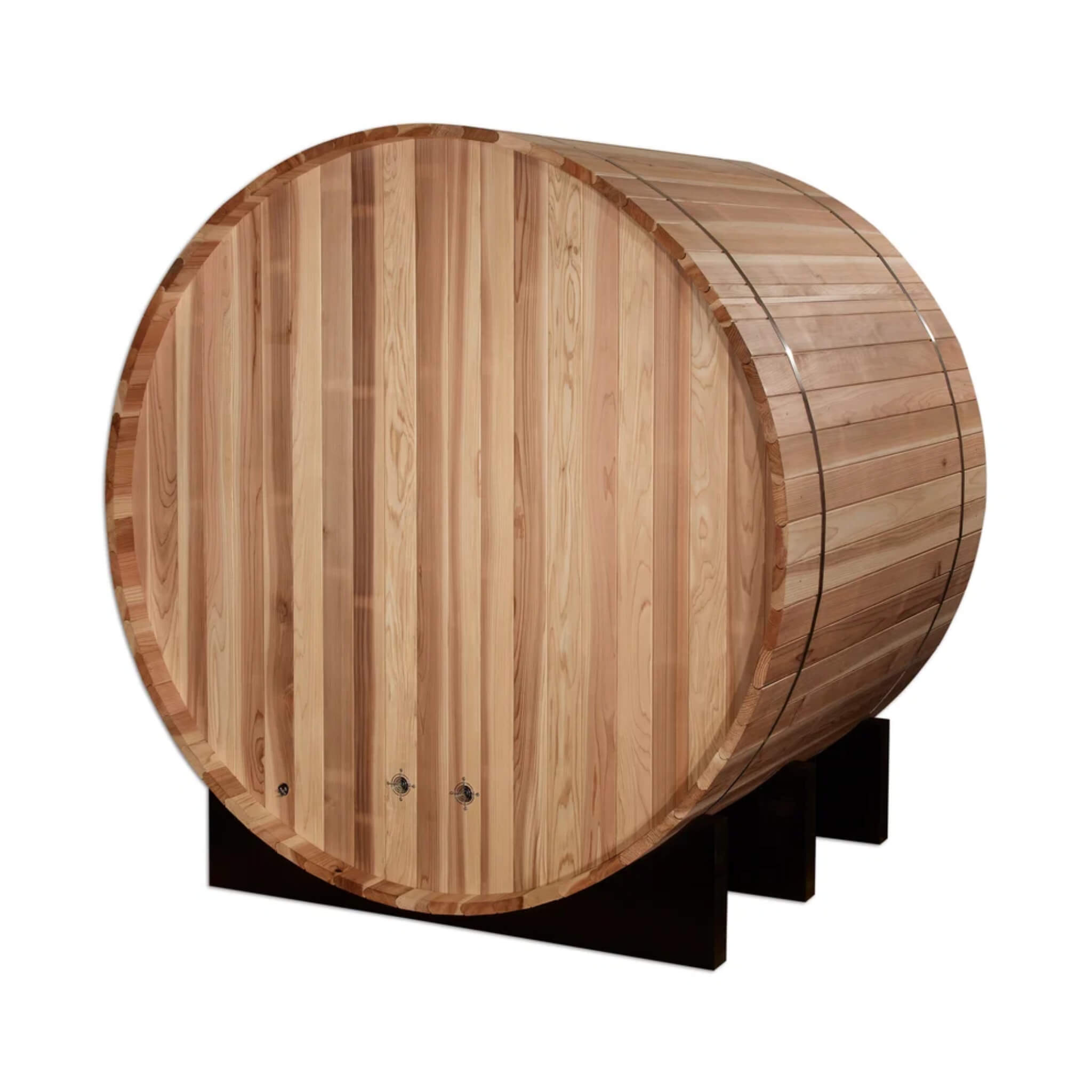 St. Moritz 2 Person Barrel Sauna rear exterior view showing the wood stave construction and wall connectors